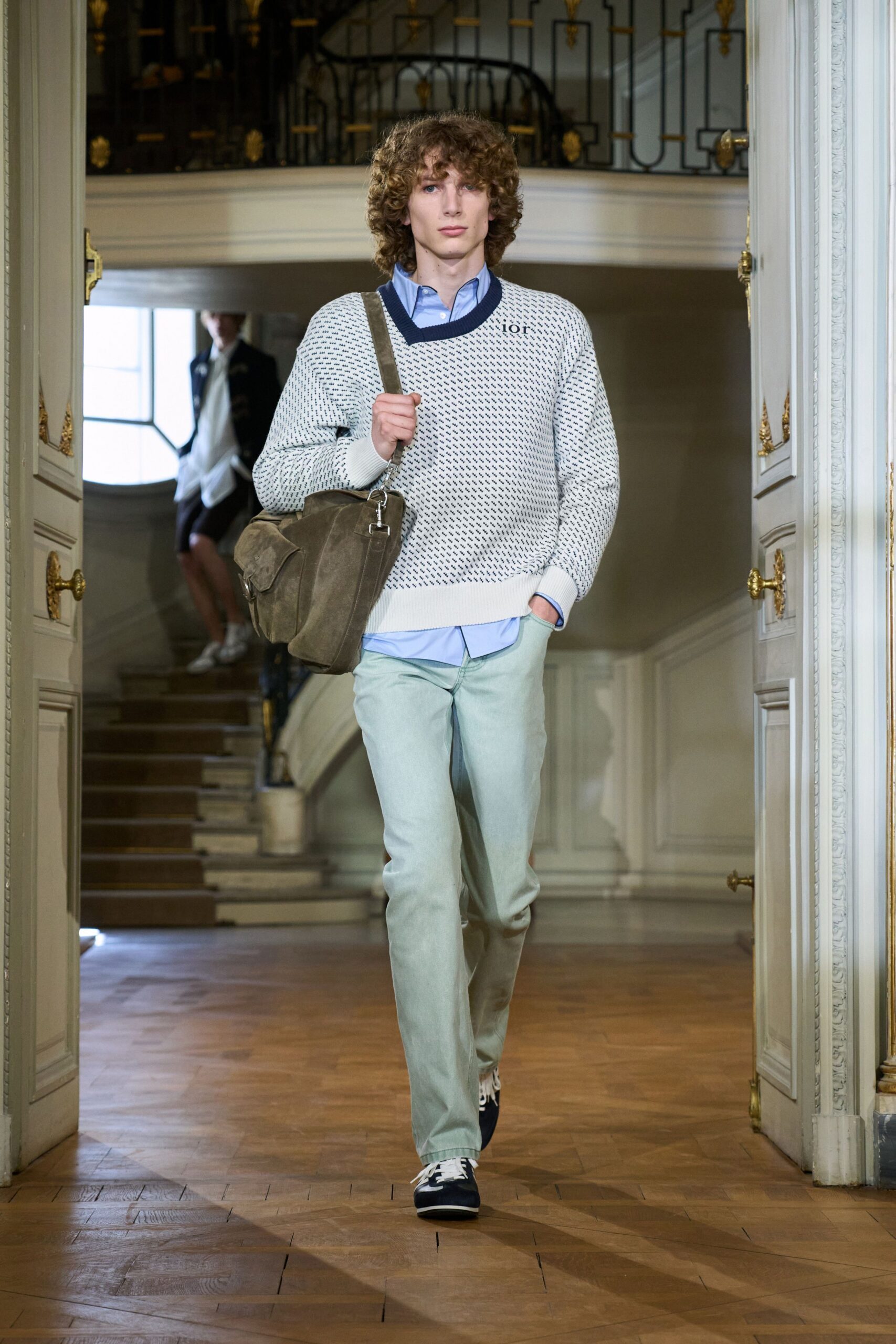 white knit sweater with blue shirt