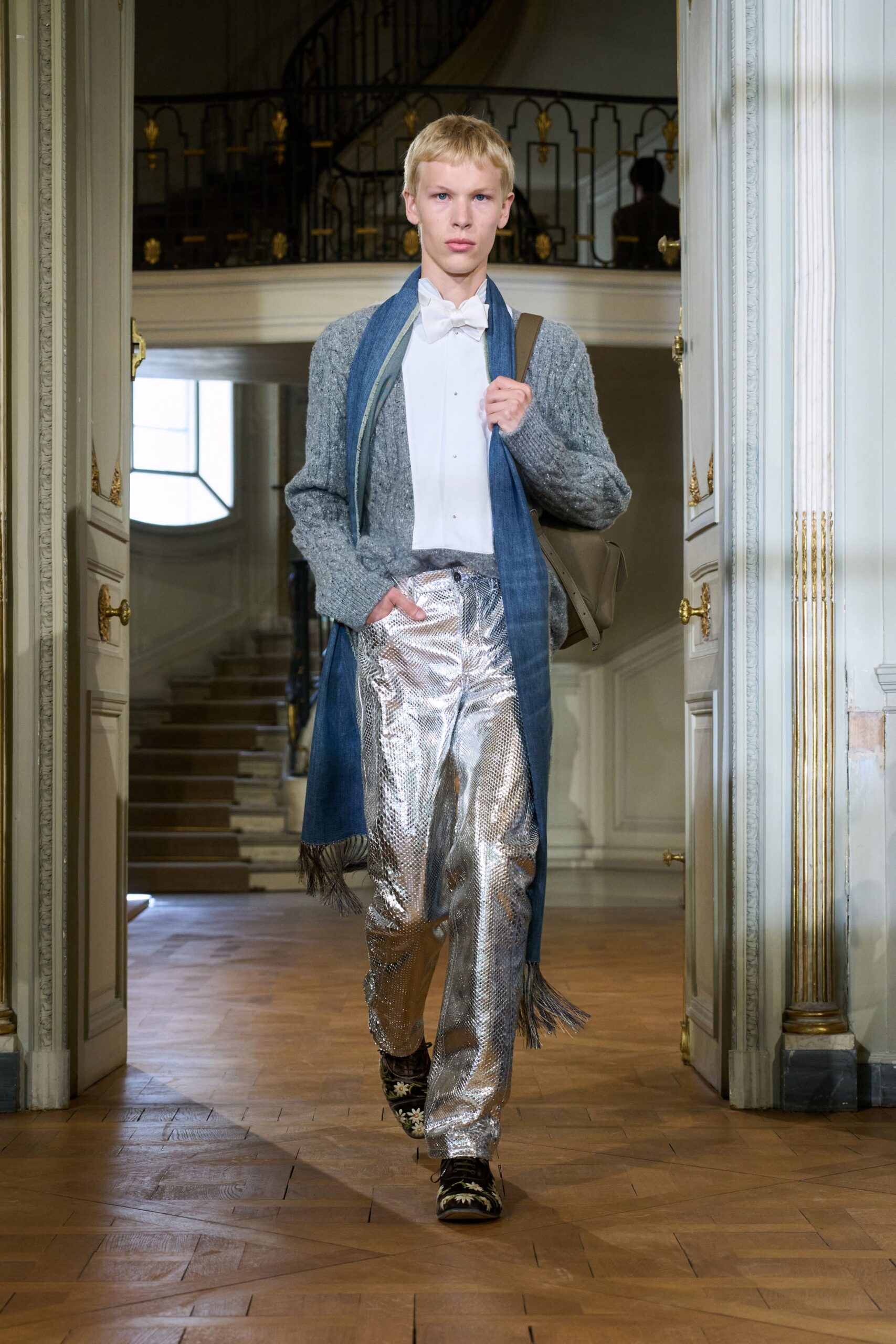gray metallic tailored straight-leg shiny pants
