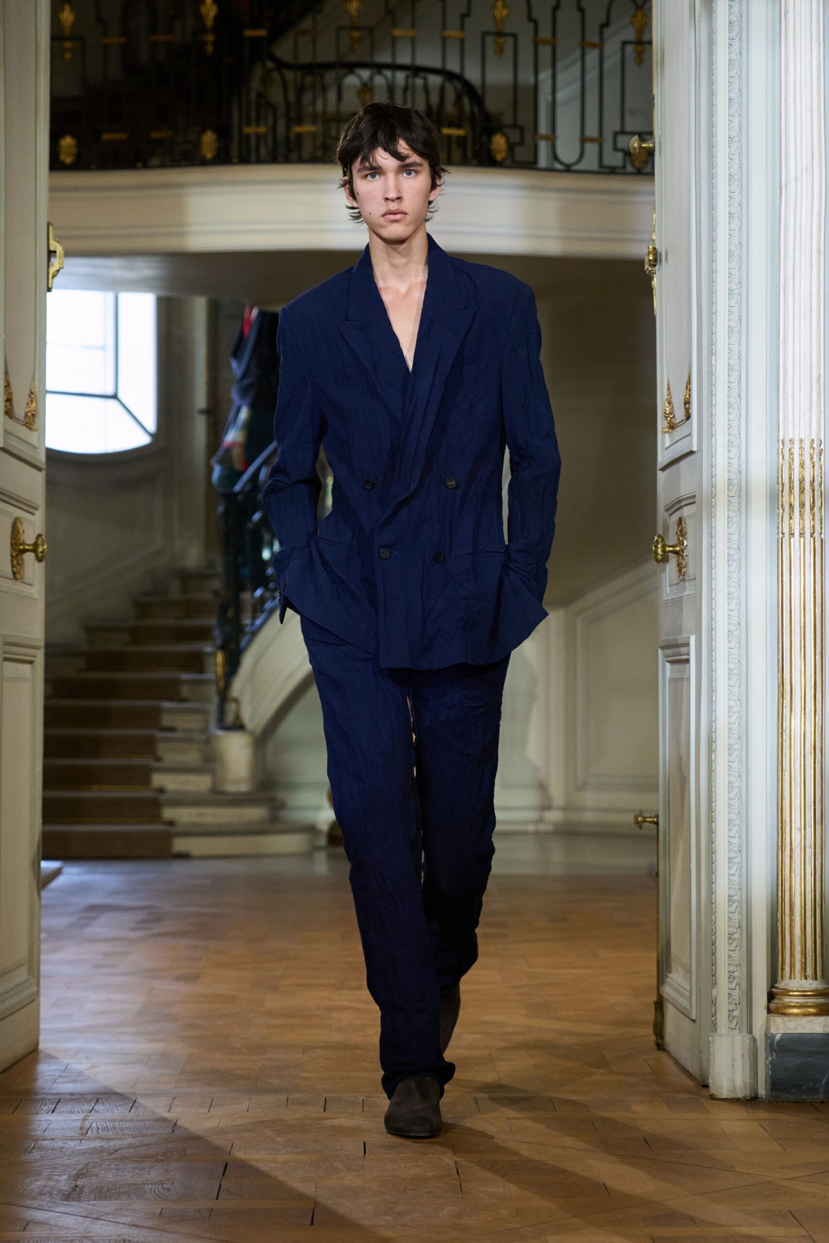 blue cotton long-sleeve collared tailored textured suit