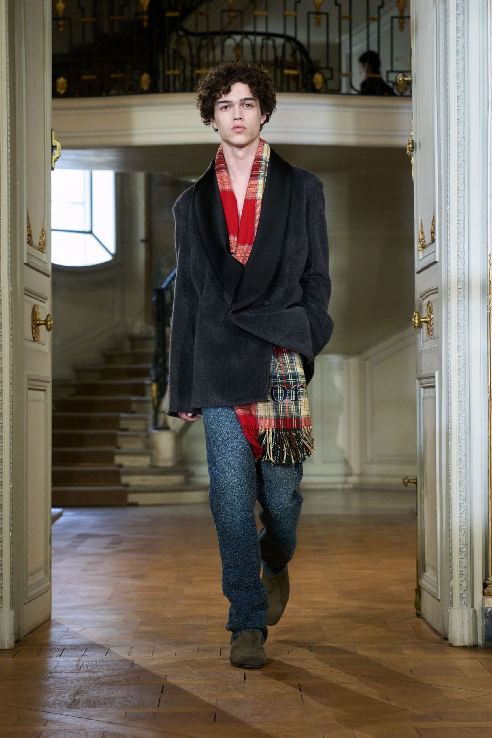 gray wool jacket with checked scarf