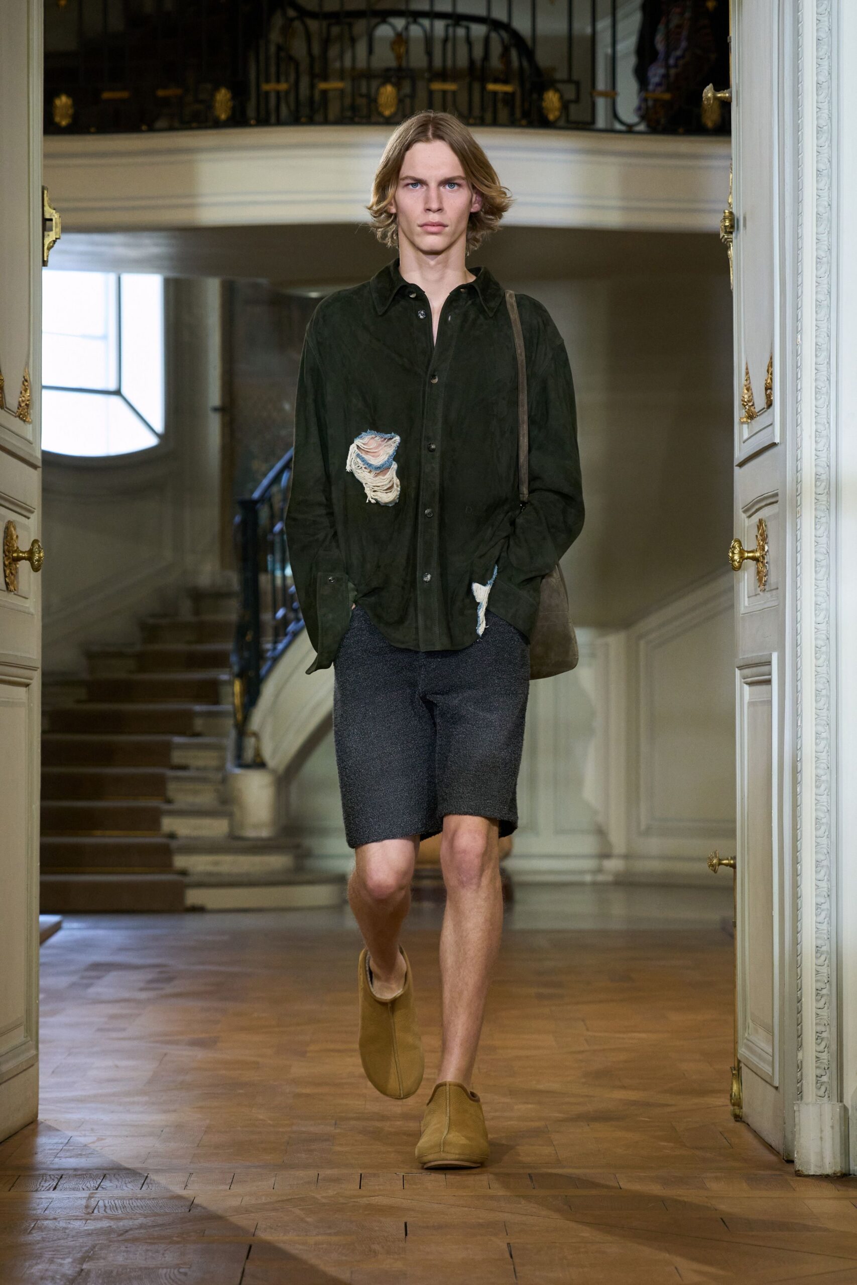 green relaxed shirt gray shorts