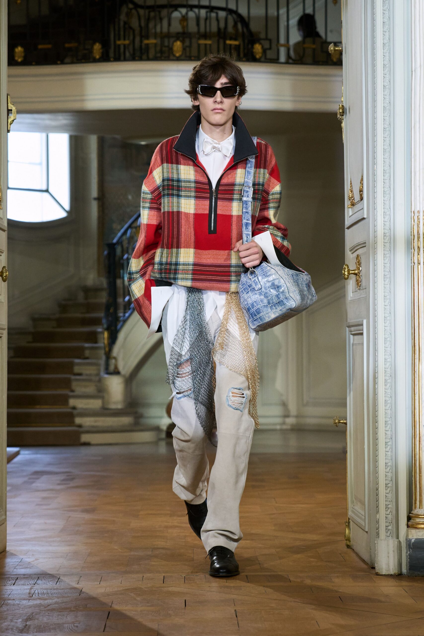 red cotton long-sleeve collared relaxed checked jacket