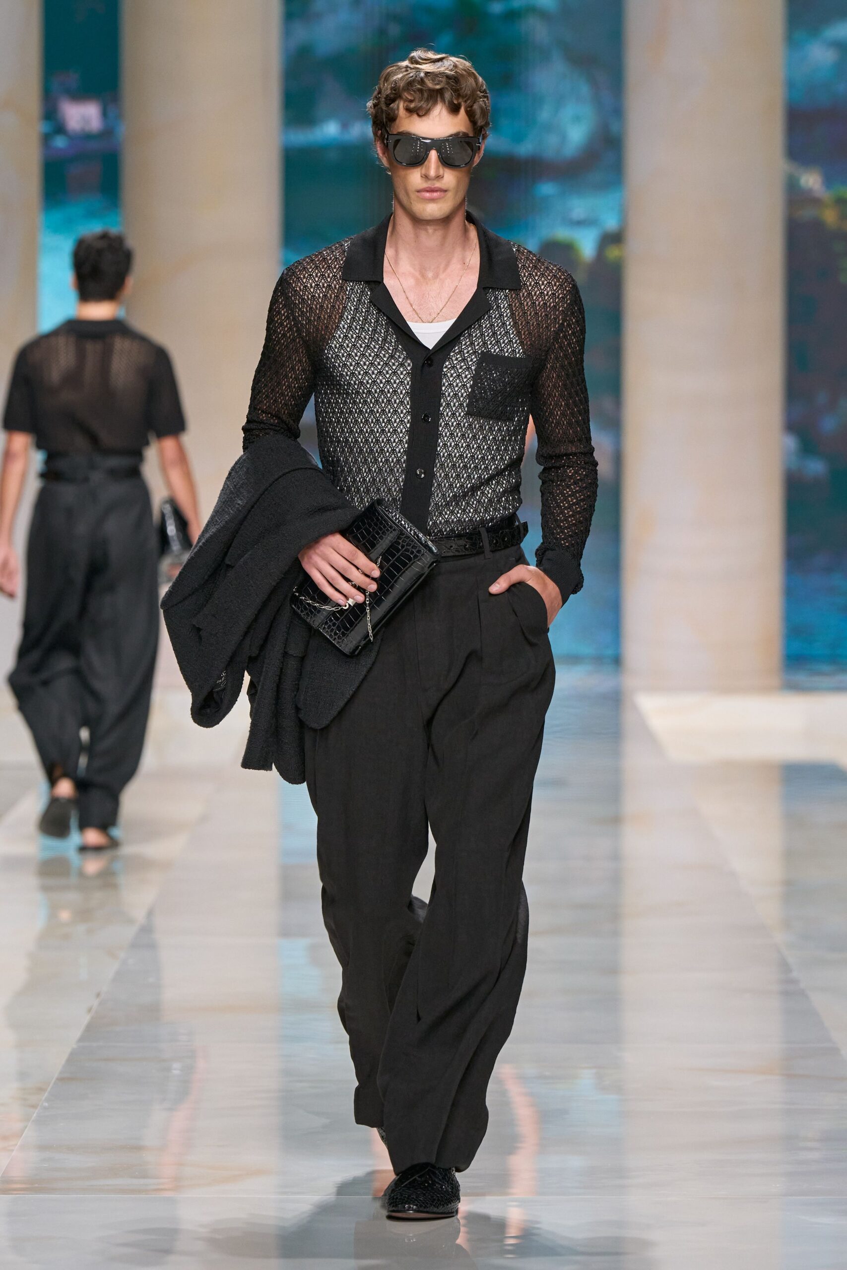 black mesh long-sleeve collared fitted buttoned layered shirt