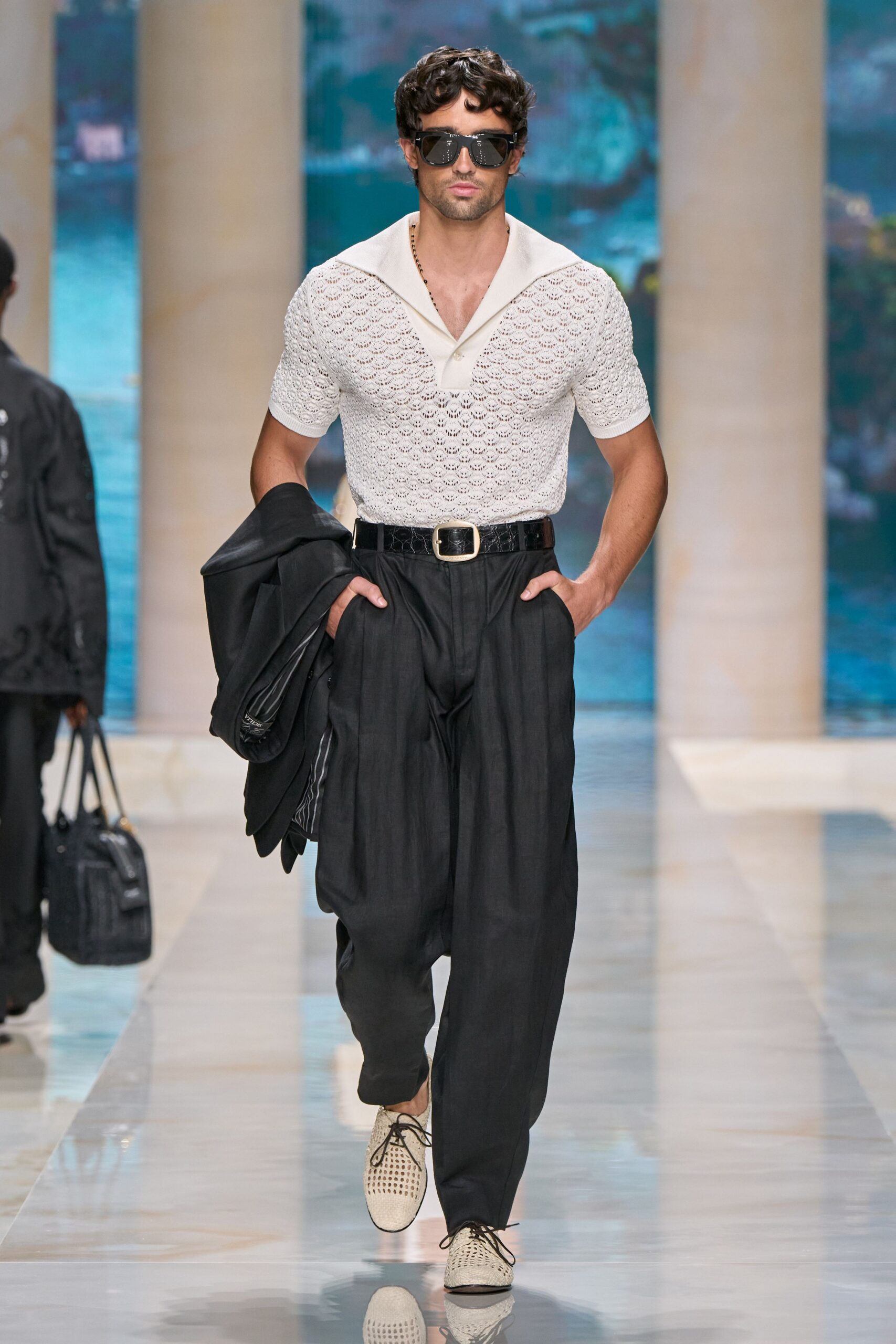 white fitted shirt with black pants