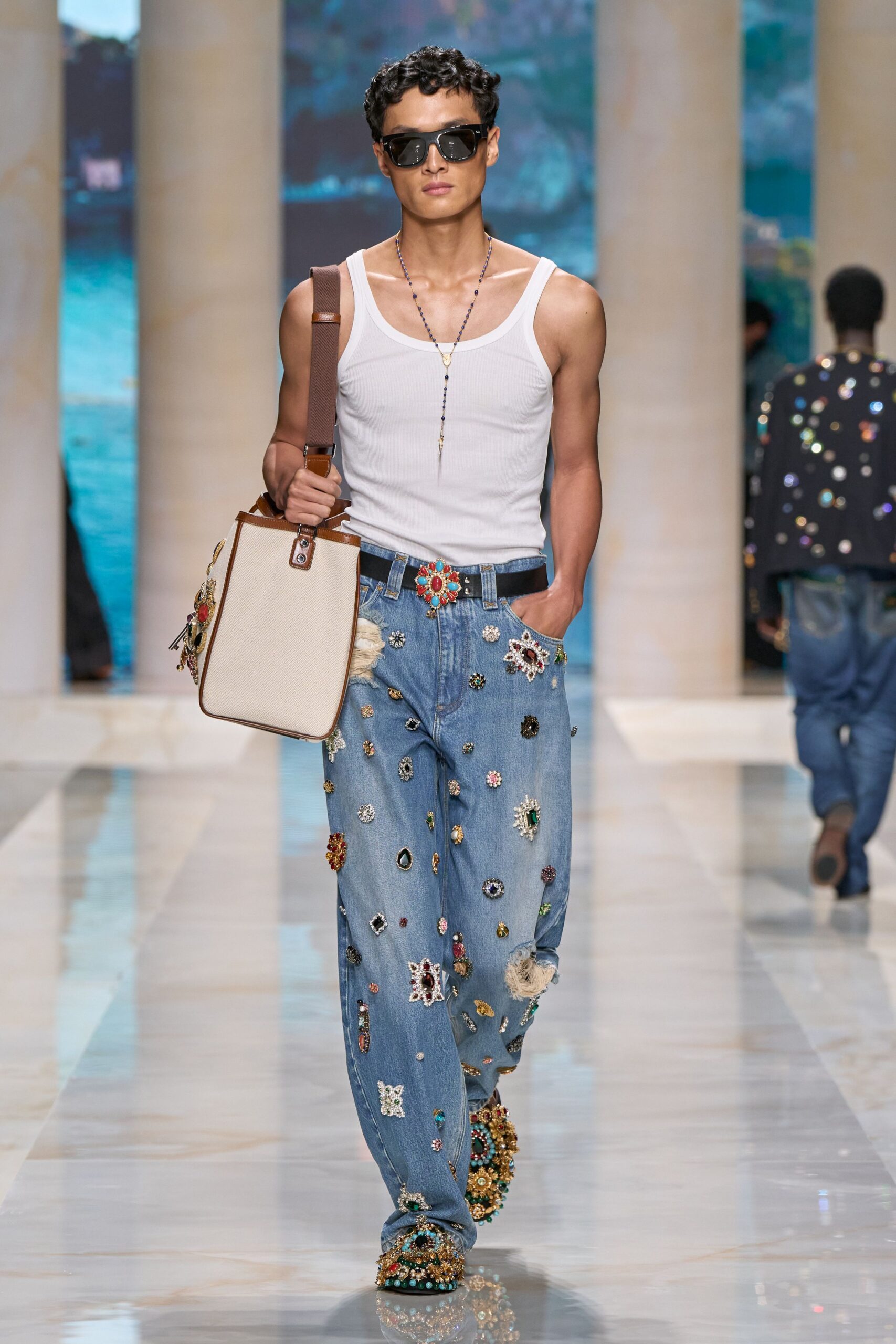 blue denim relaxed embroidered jeans