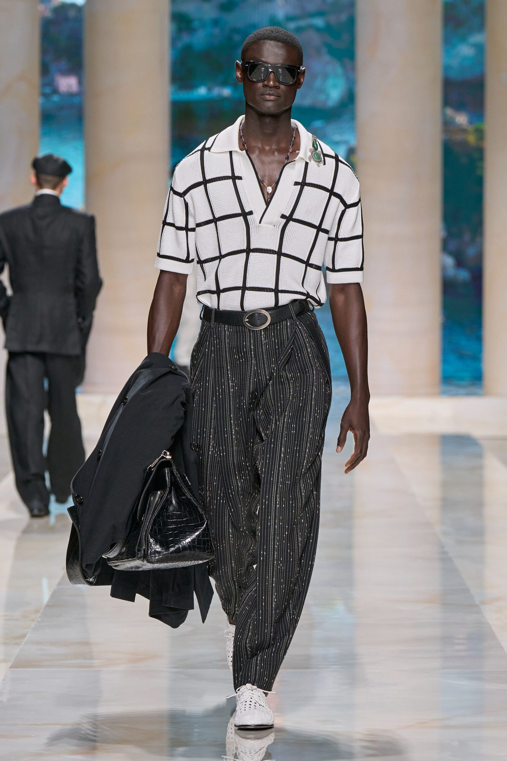 white cotton short-sleeve collared relaxed checked shirt