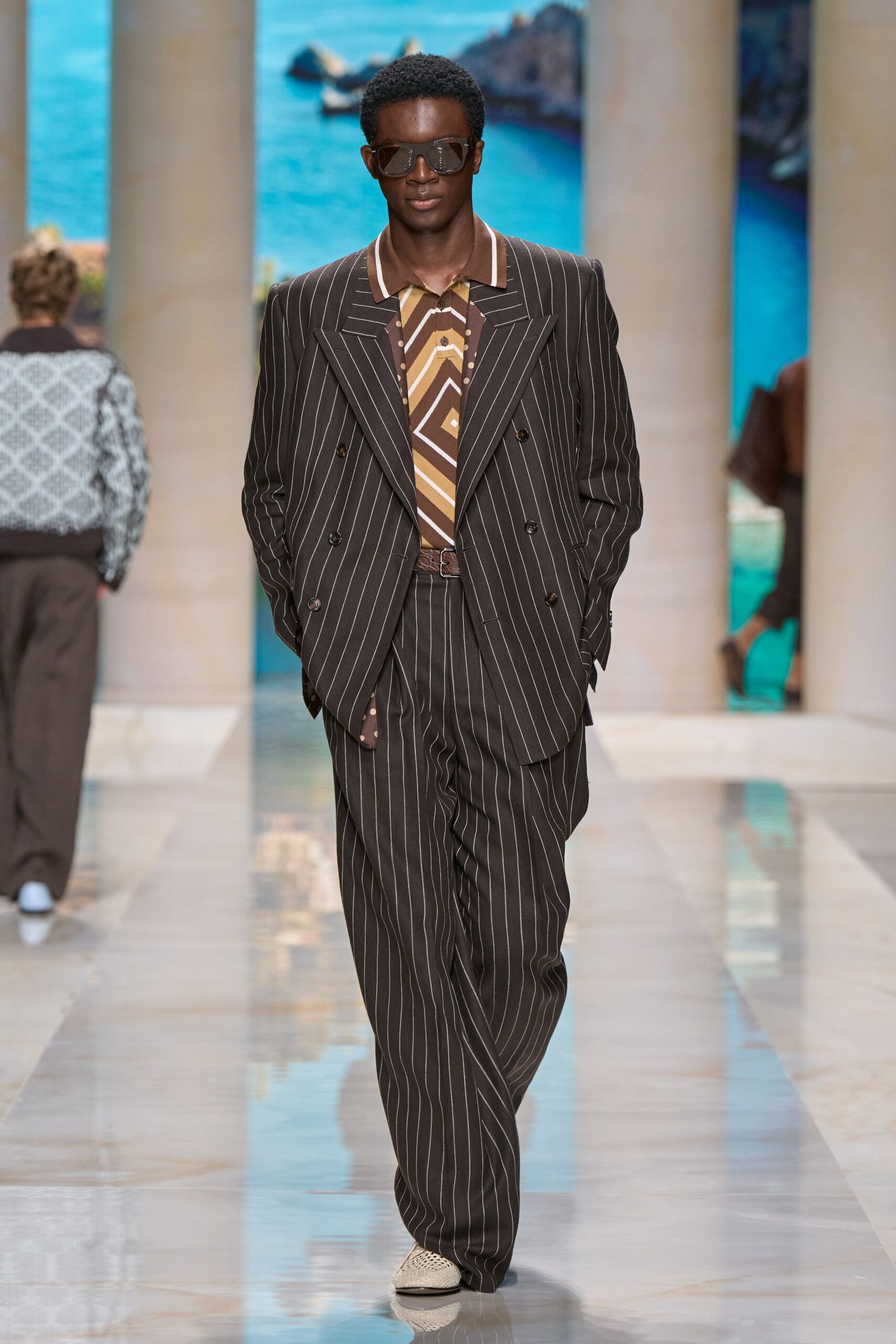 brown cotton long-sleeve collared tailored striped suit