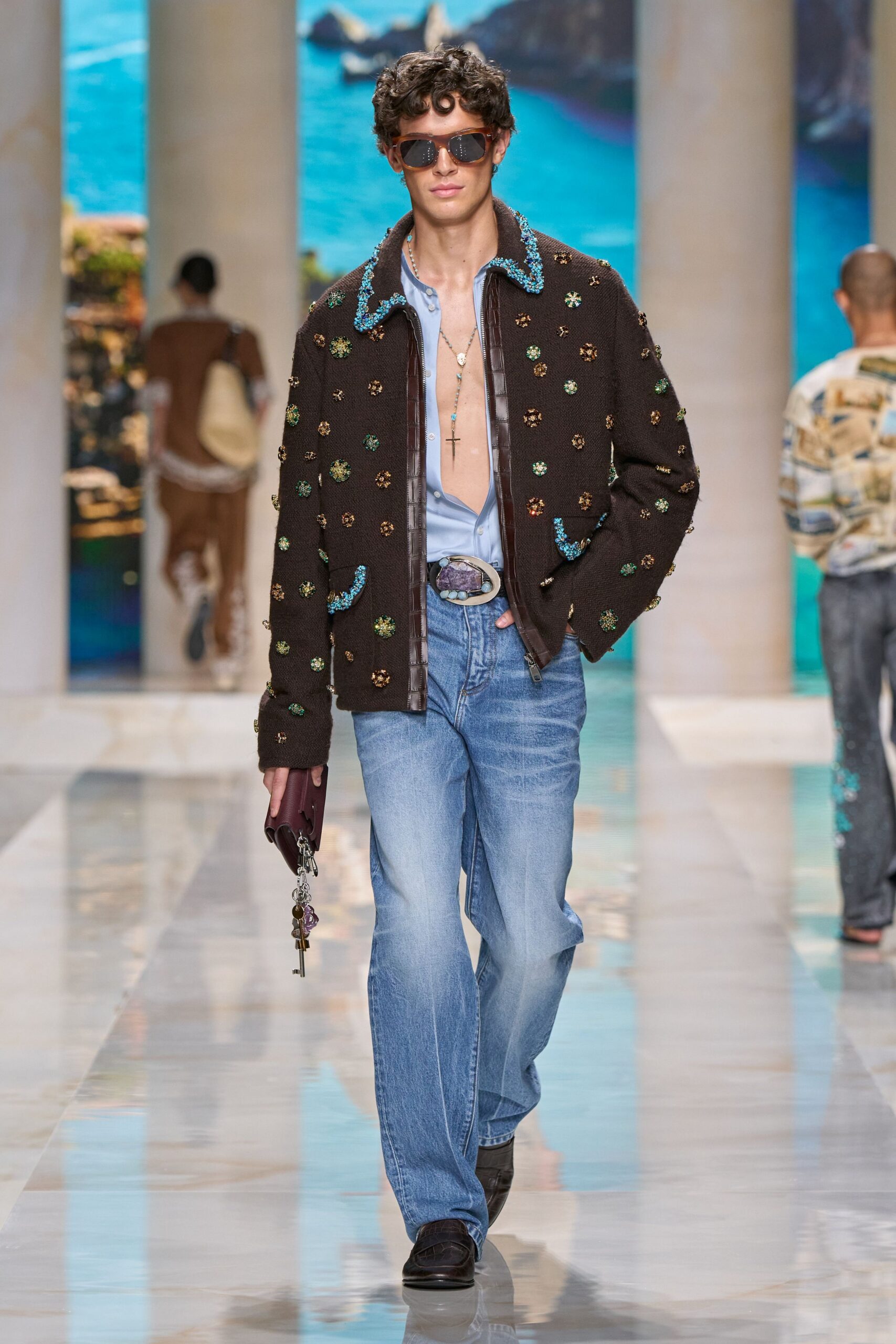 brown cotton long-sleeve collared relaxed embroidered jacket