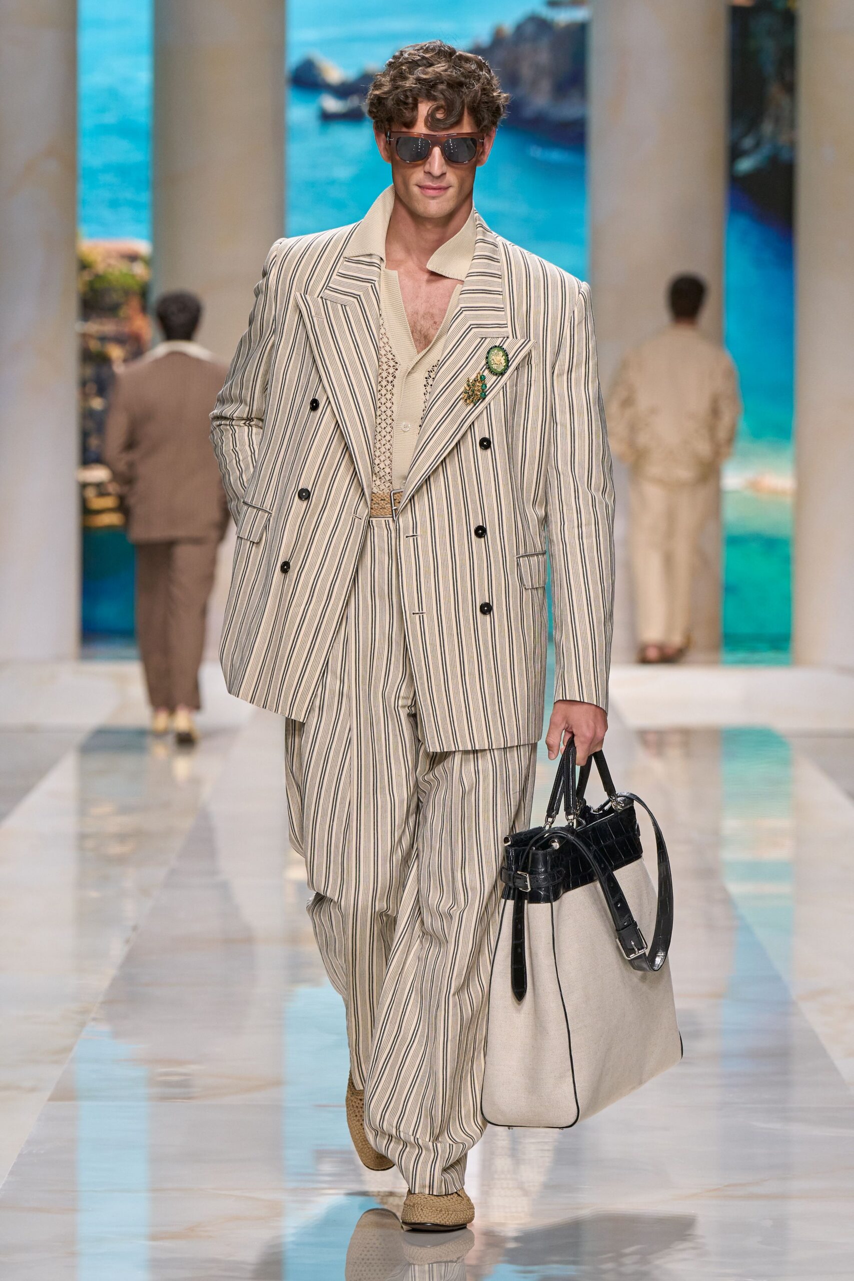 beige cotton long-sleeve collared tailored striped buttoned suit