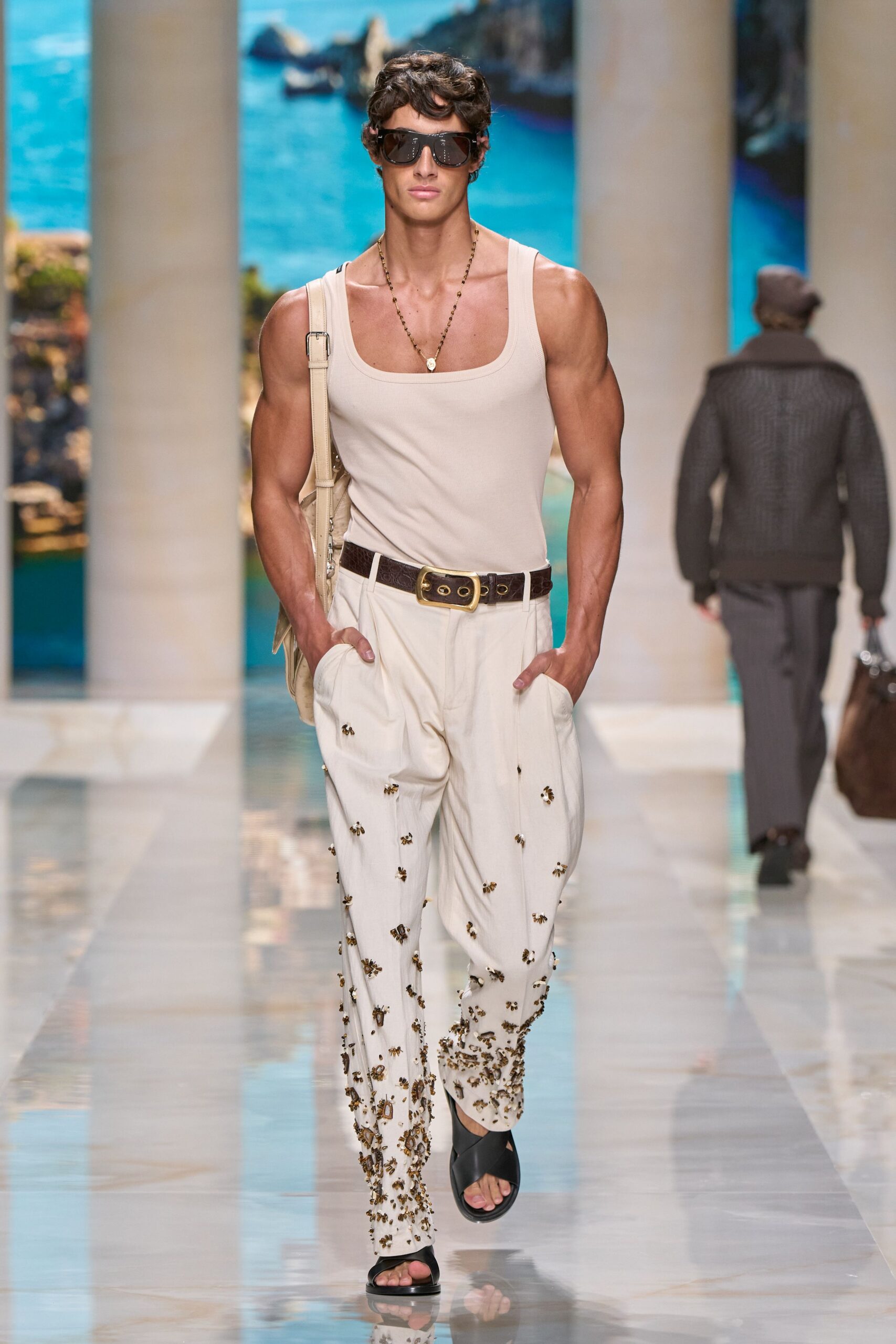 white tank-top beige pants