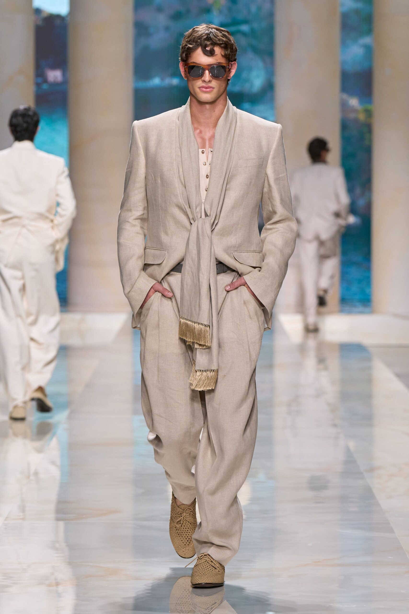 beige linen suit with scarf