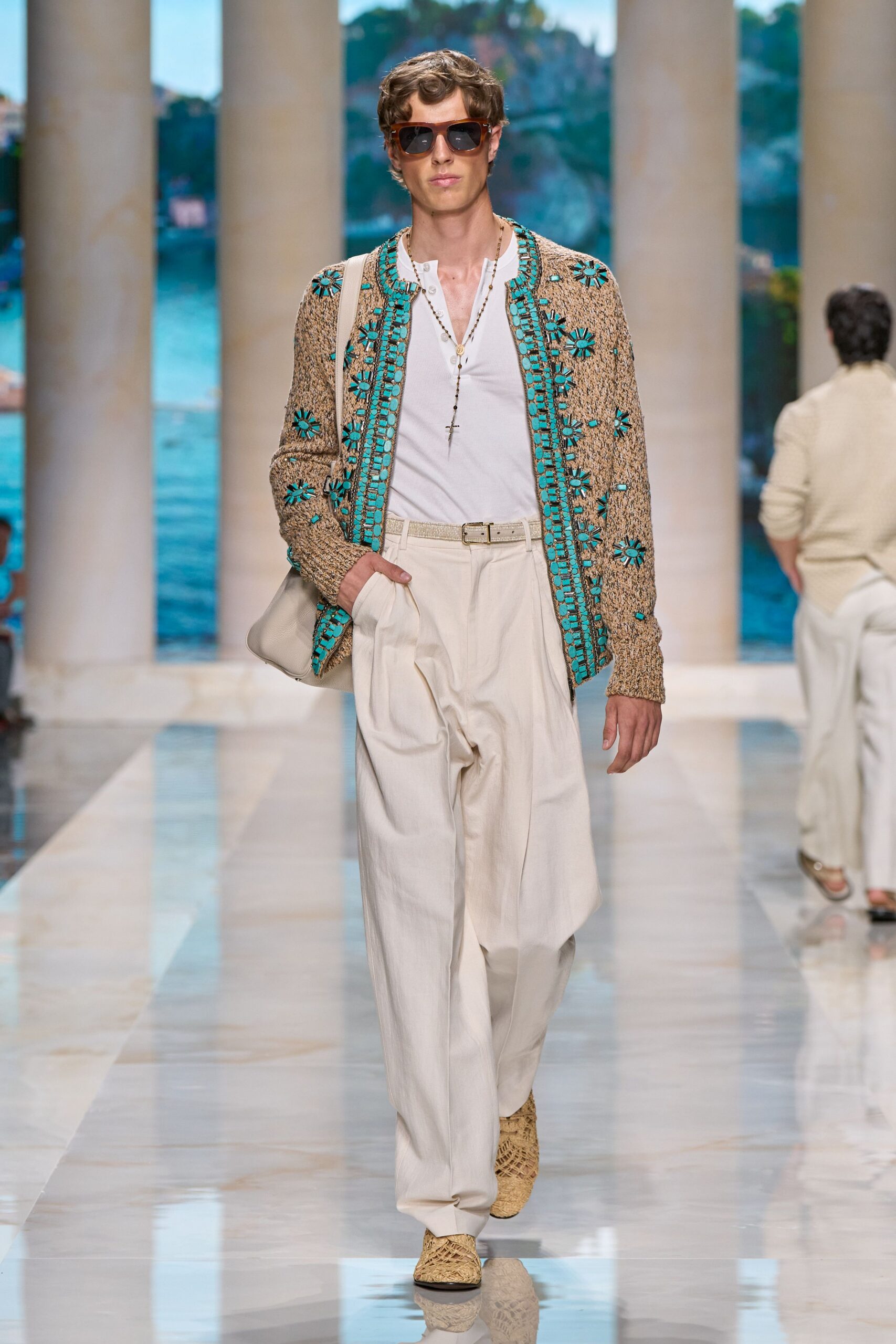 beige cotton long-sleeve collared relaxed embroidered jacket