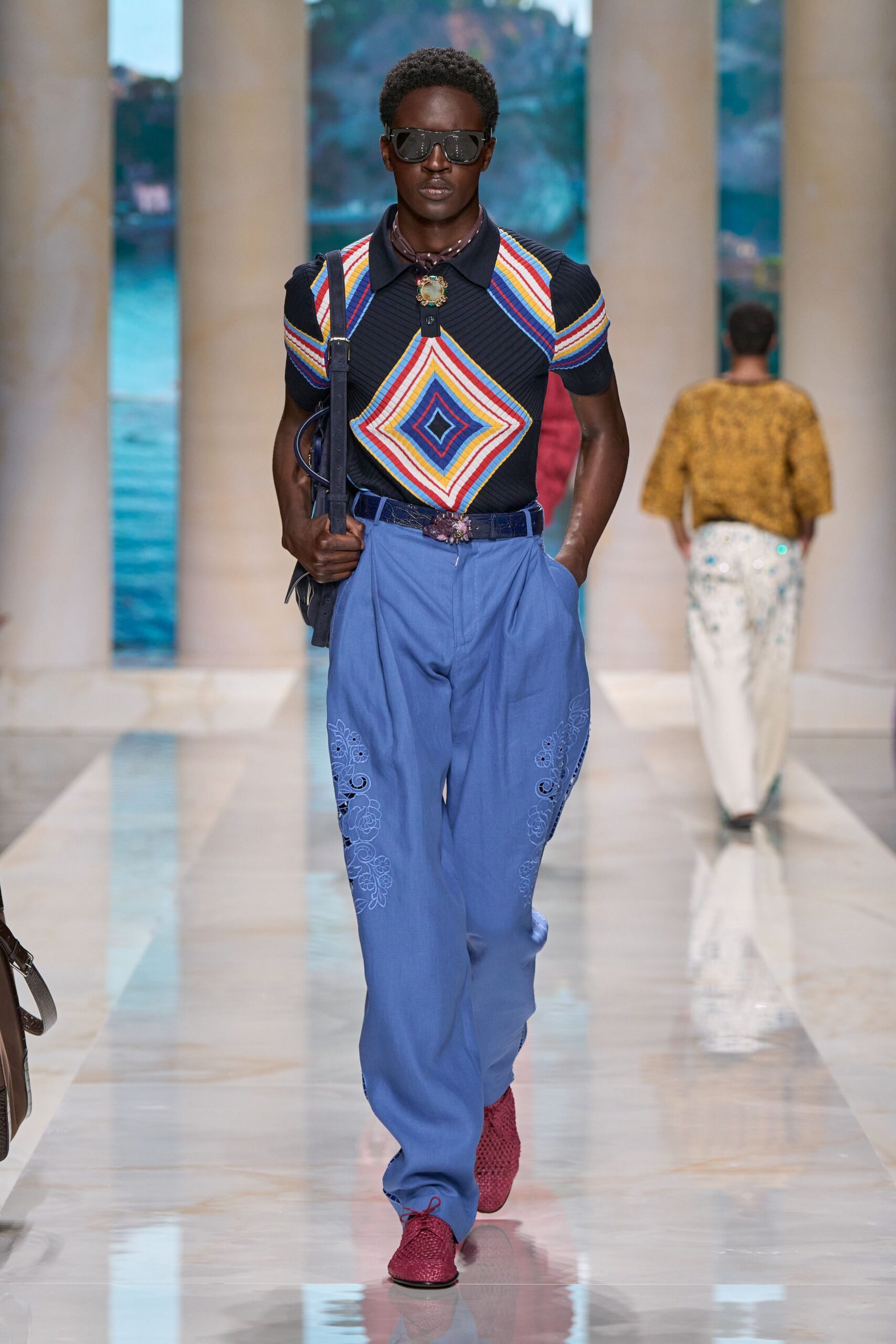 blue cotton relaxed embroidered wide-leg pants