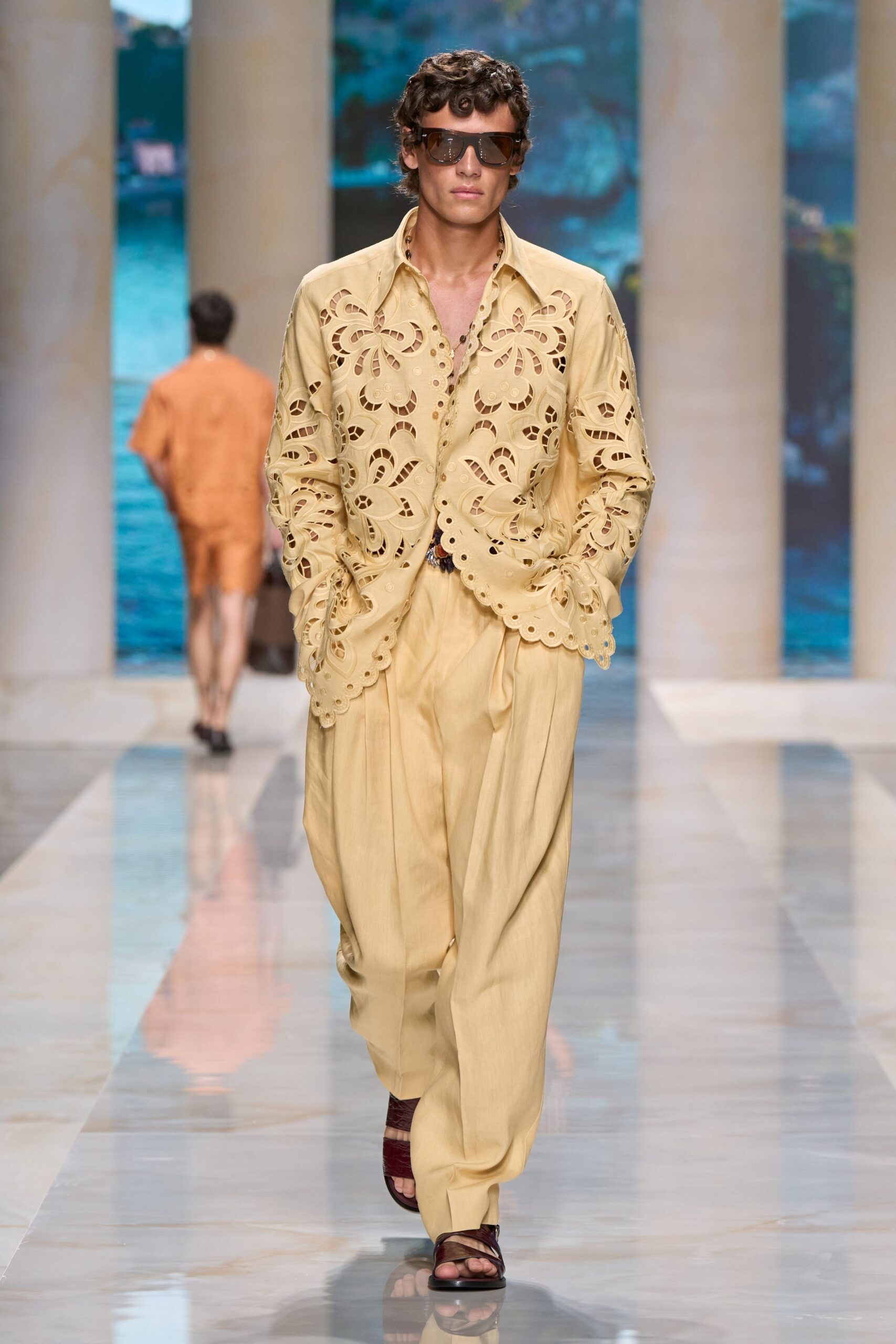 yellow cotton long-sleeve collared relaxed embroidered shirt