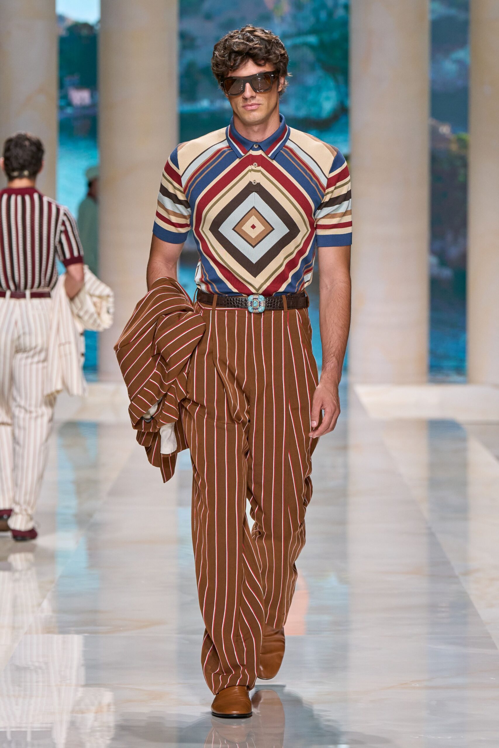 multi-colored fitted shirt with tailored pants