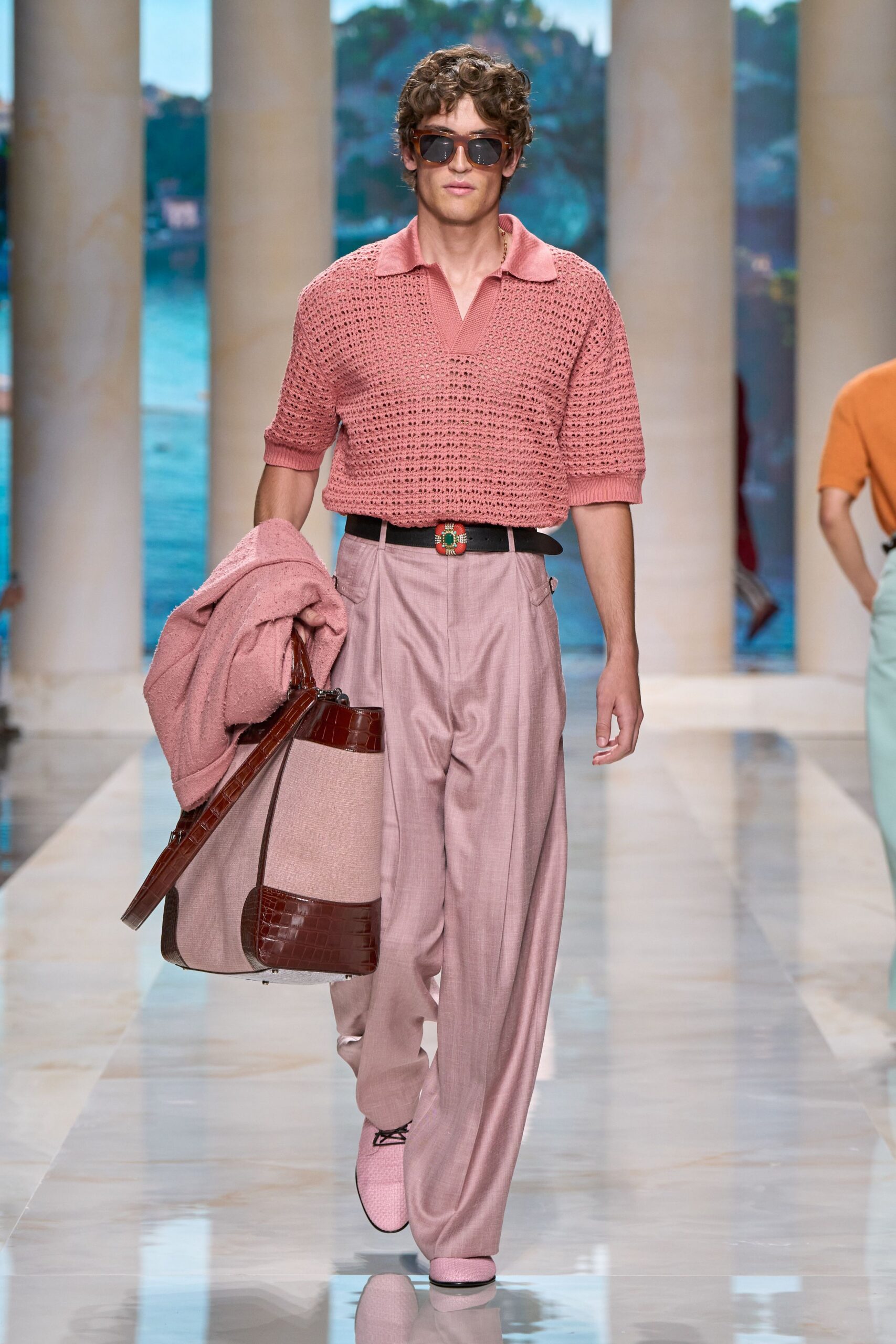 pink cotton tailored high-waisted pleated straight-leg pants