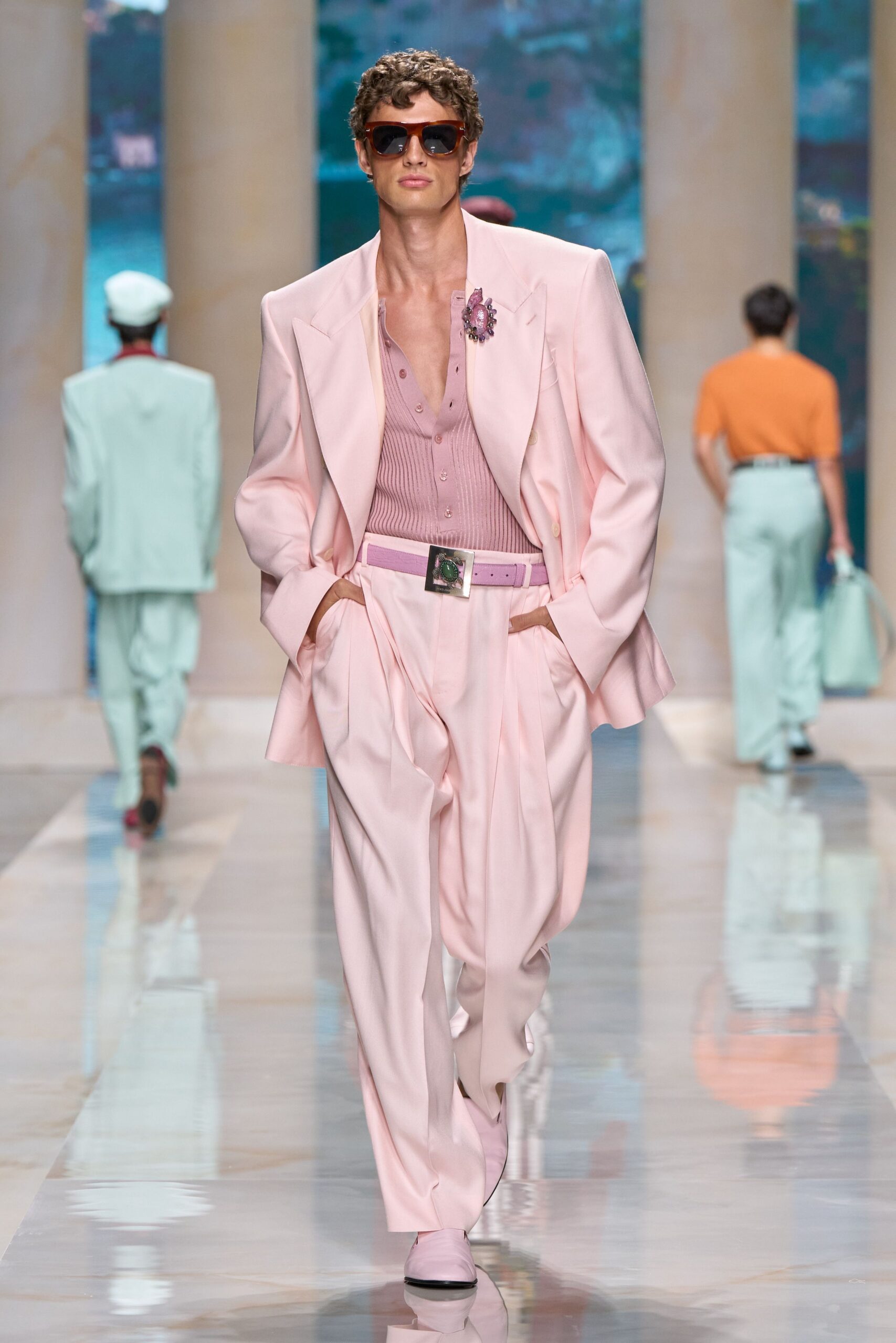 pink long-sleeve collared tailored suit