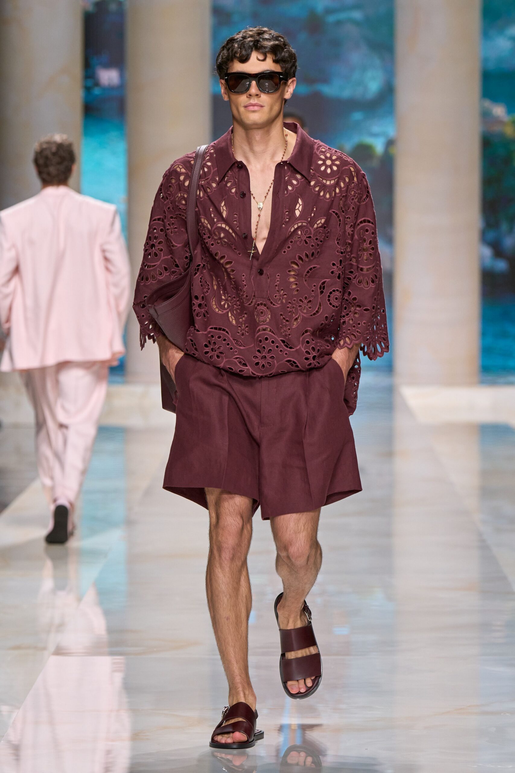 maroon cotton short-sleeve collared relaxed embroidered shirt