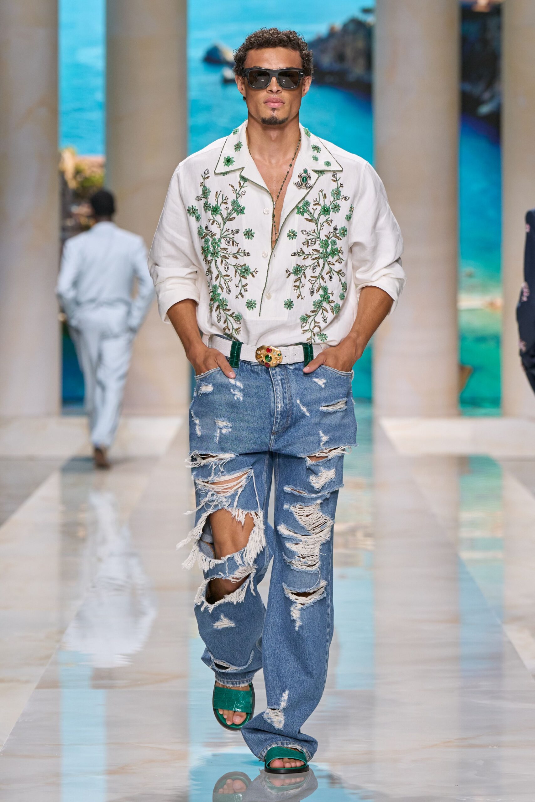 white cotton long-sleeve collared relaxed embroidered shirt