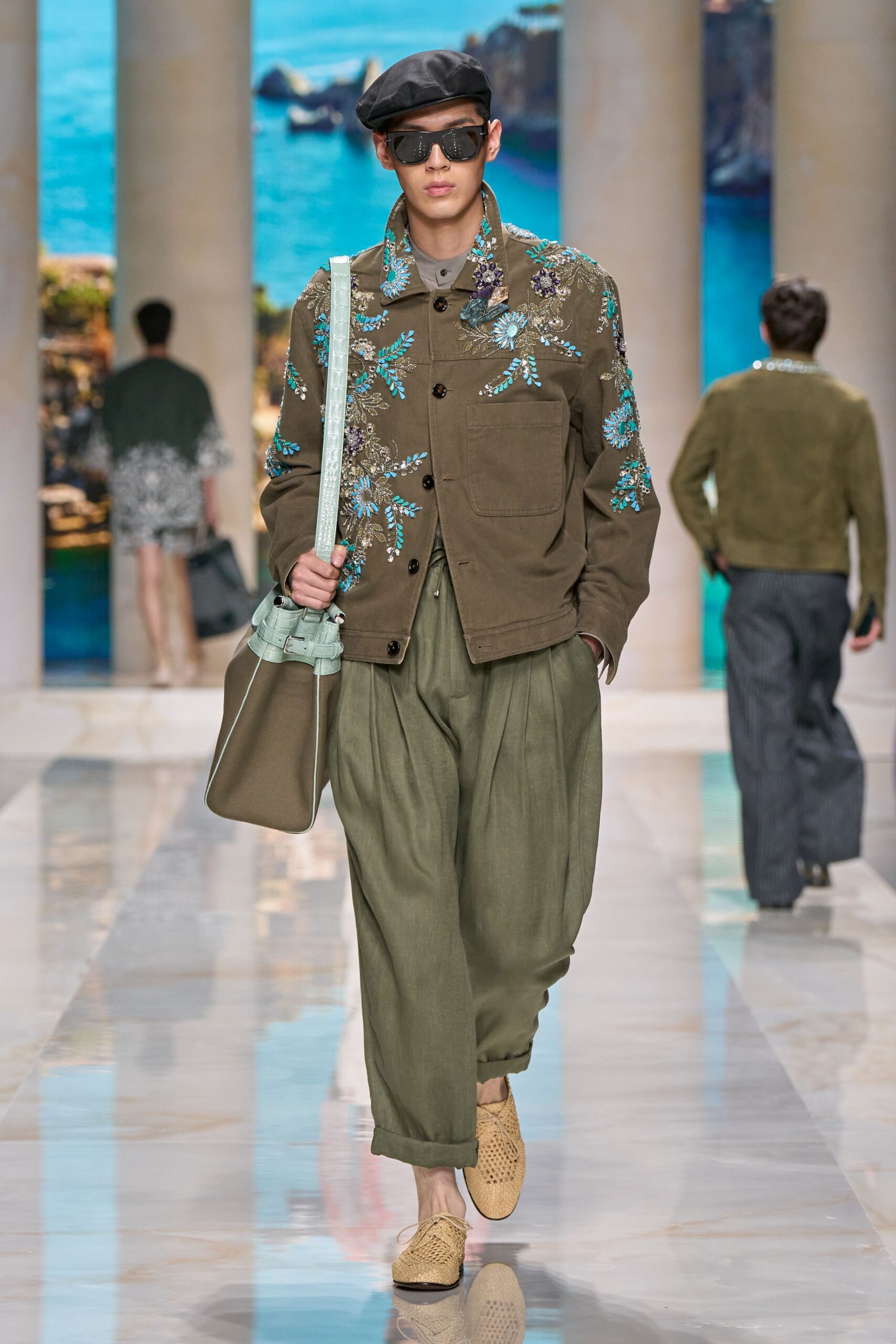 green cotton long-sleeve collared fitted embroidered jacket