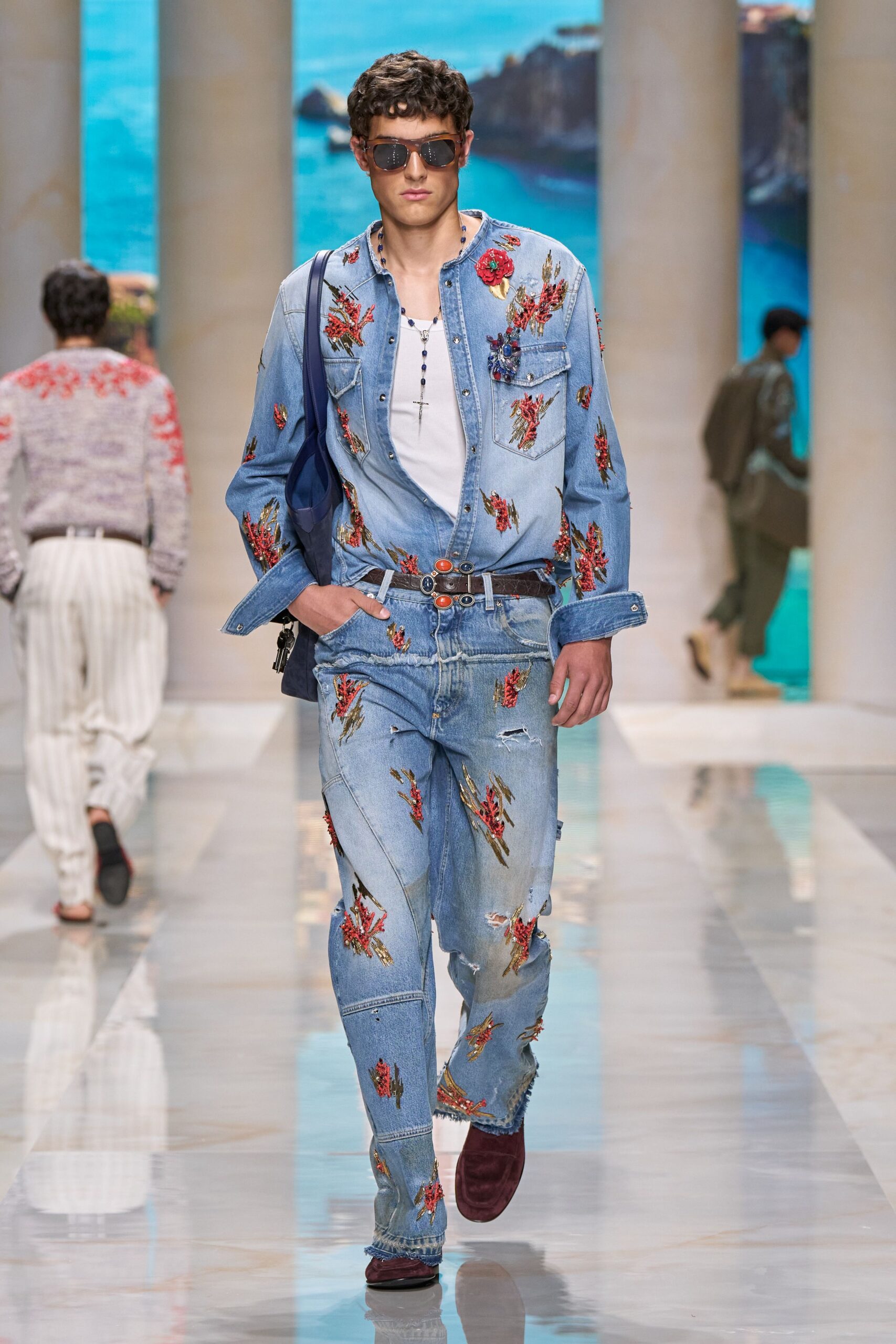 blue denim long-sleeve collared fitted embroidered shirt