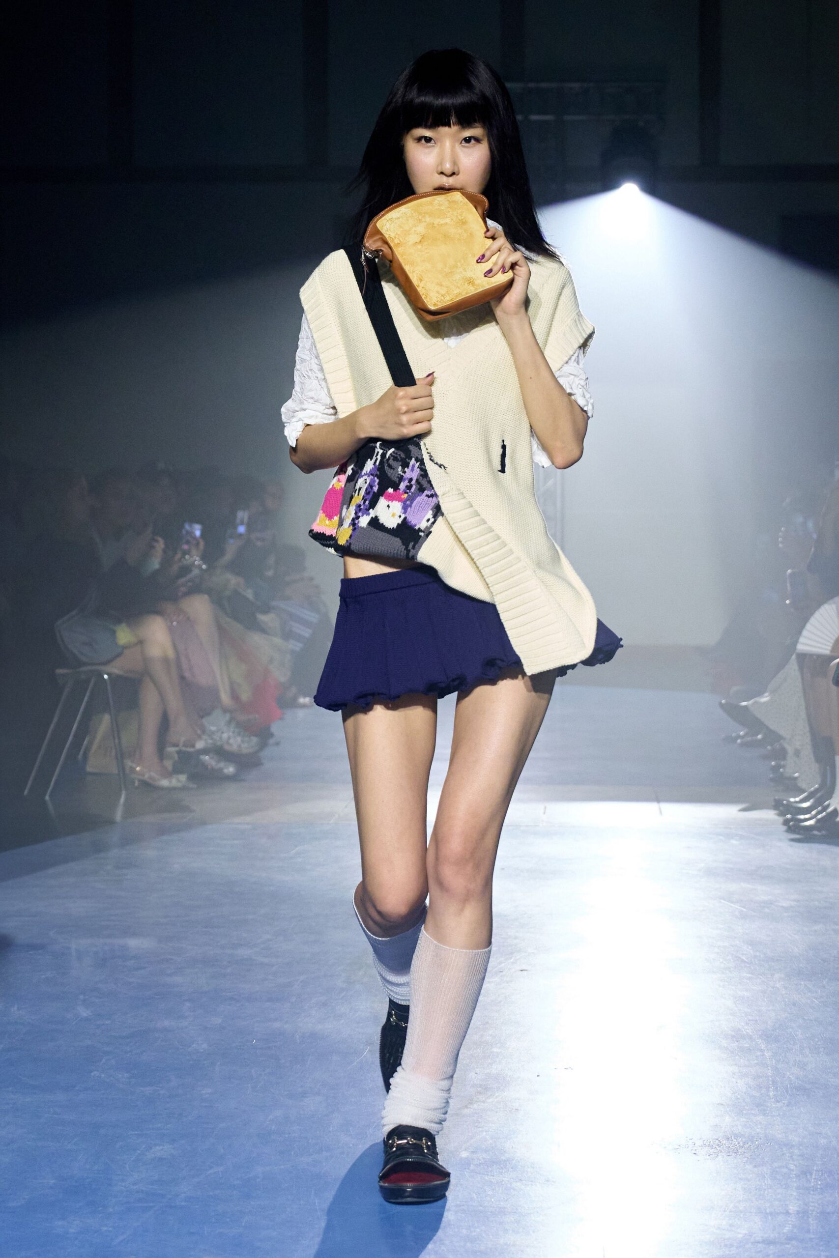 blue cotton fitted pleated mini skirt