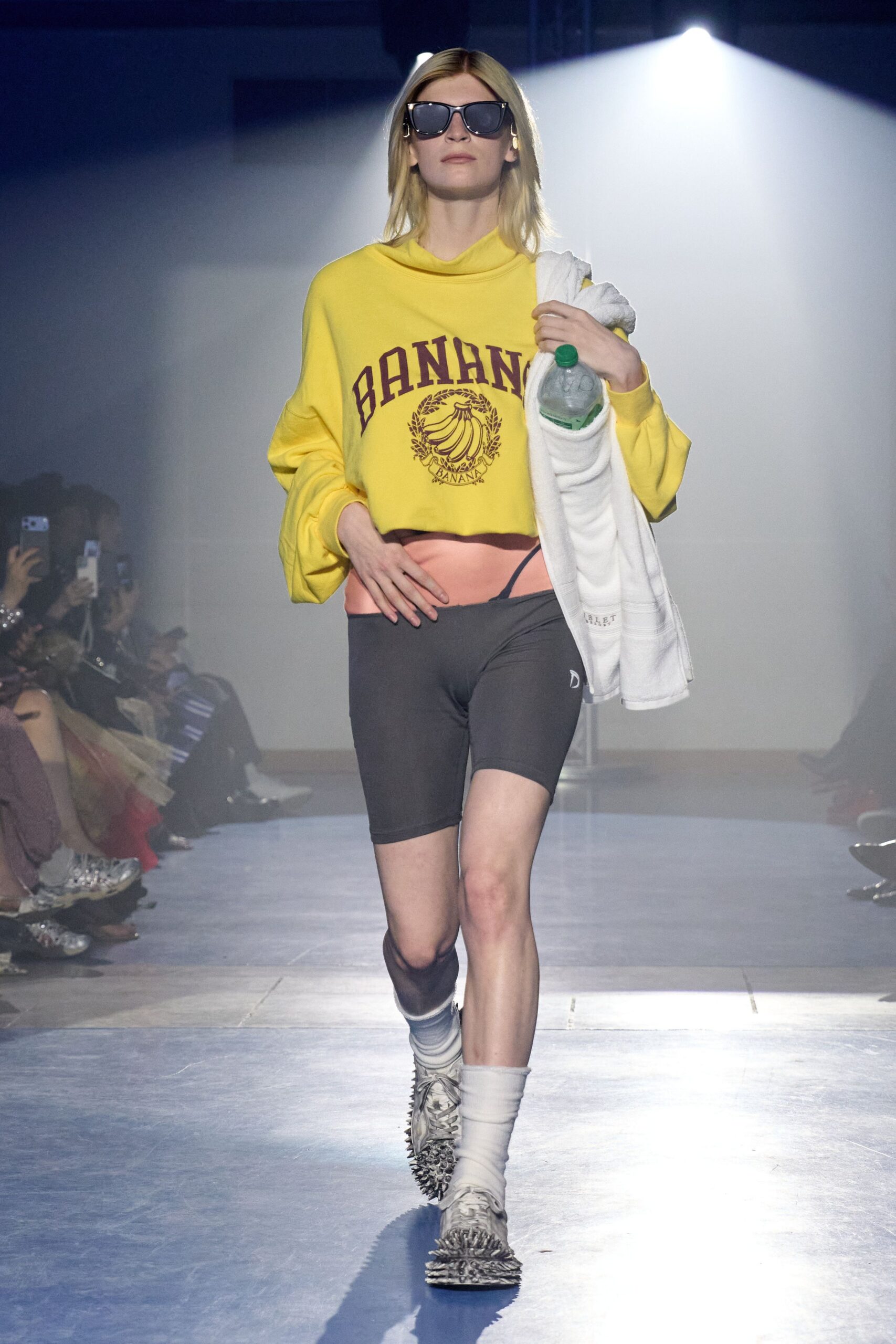 yellow printed top with black shorts