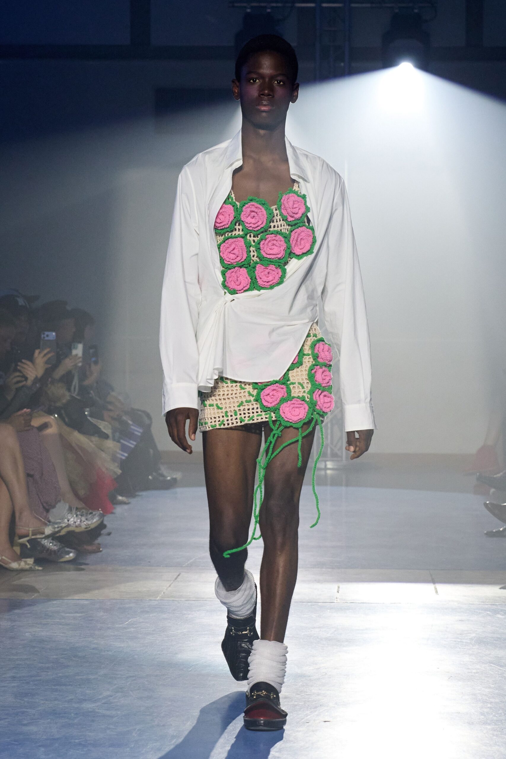 white shirt with green and pink top