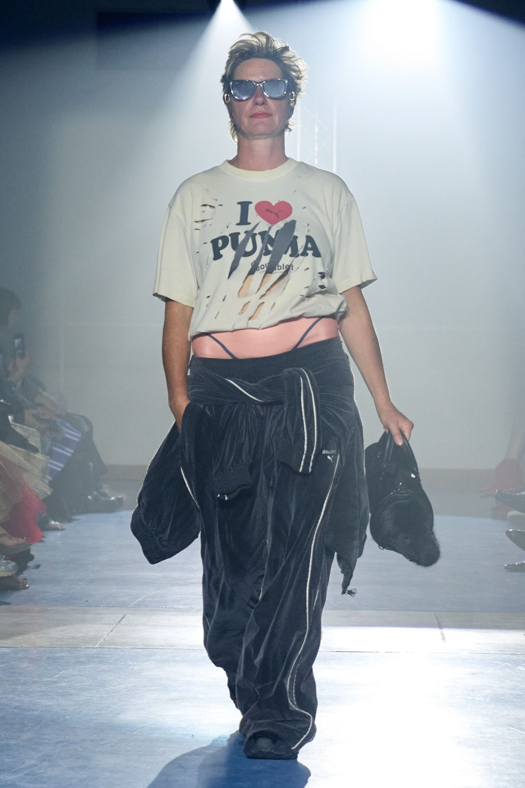 cream printed t-shirt with black velvet pants