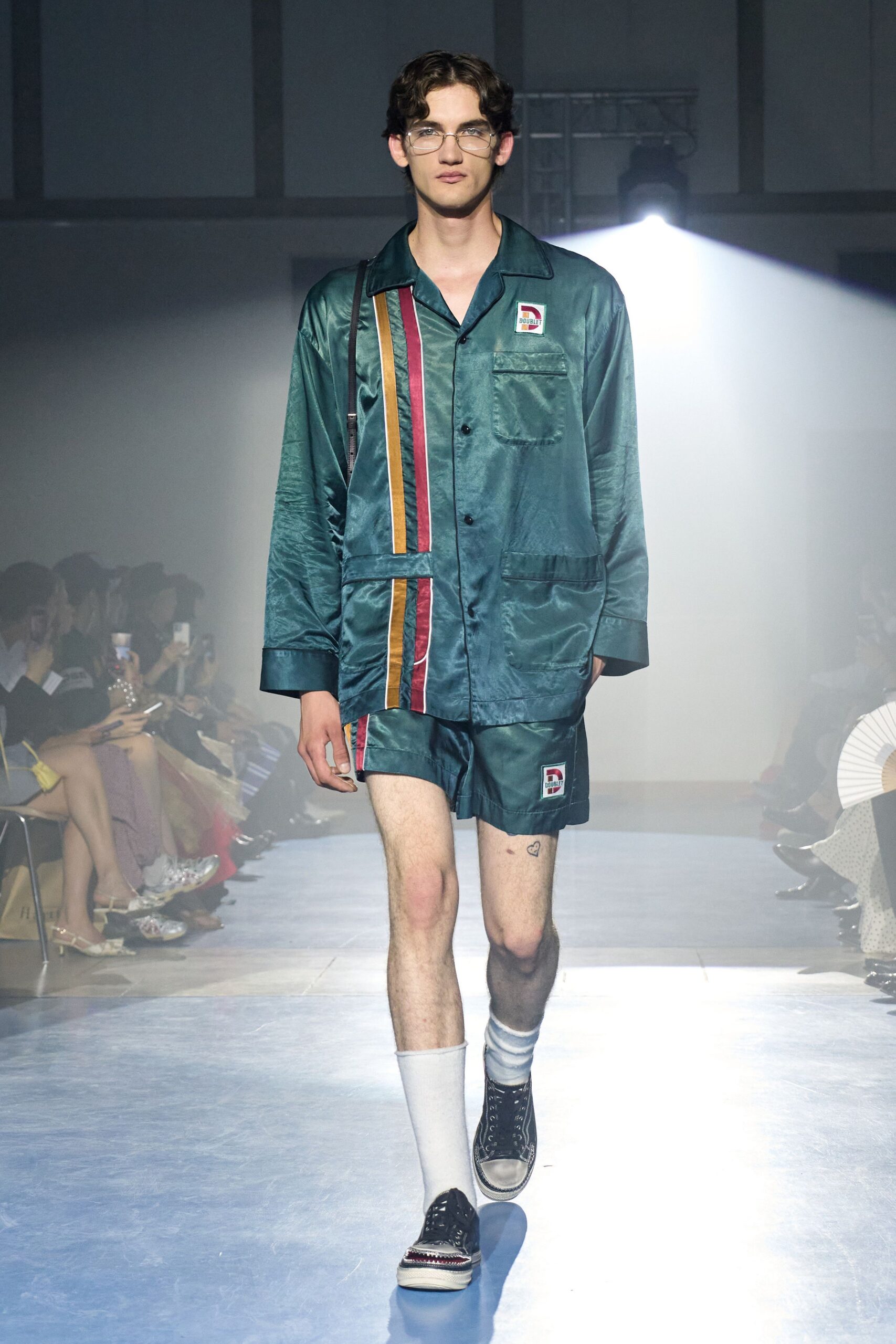 teal satin shirt and shorts