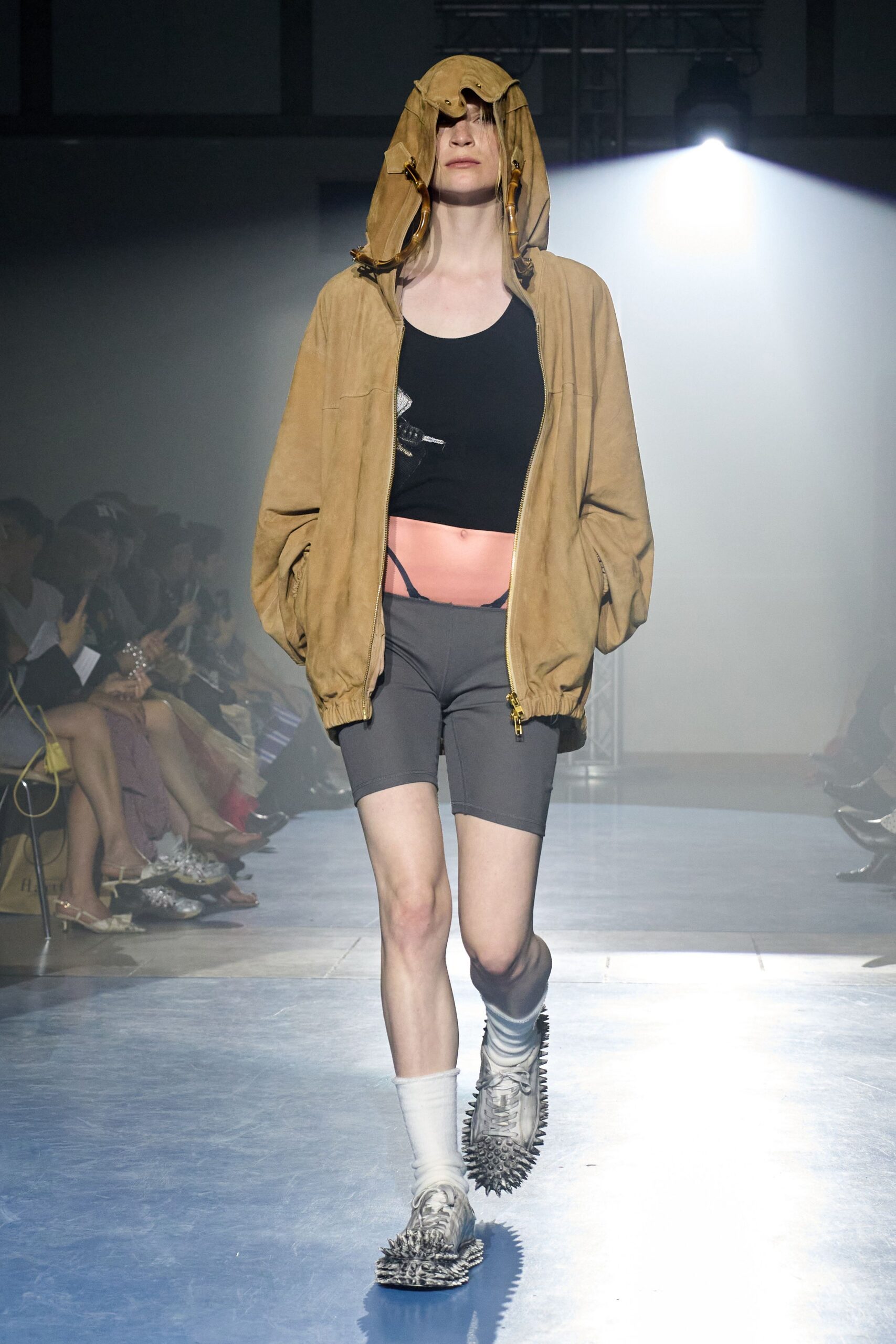 brown oversized hoodie with black tank-top