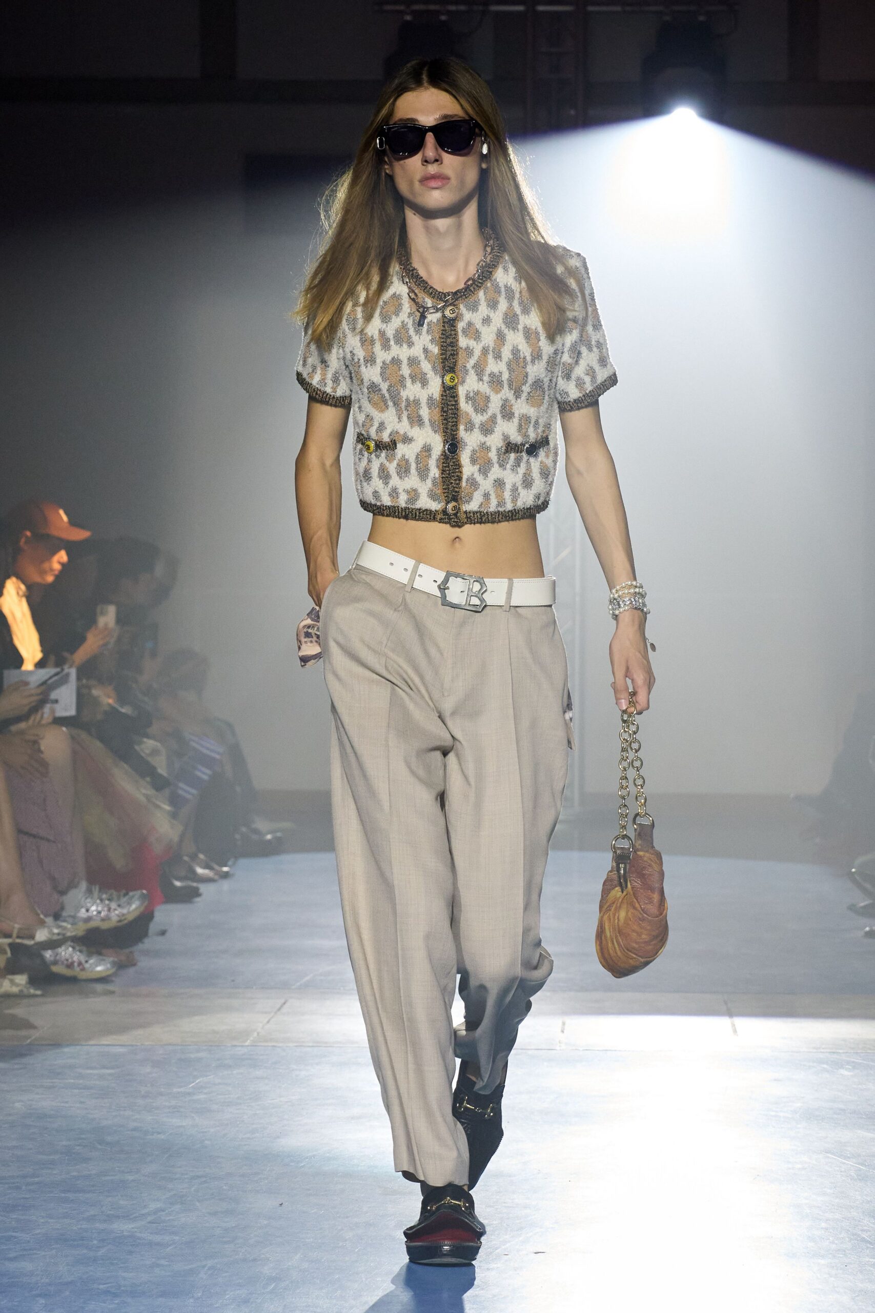 animal-print fitted top with relaxed pants