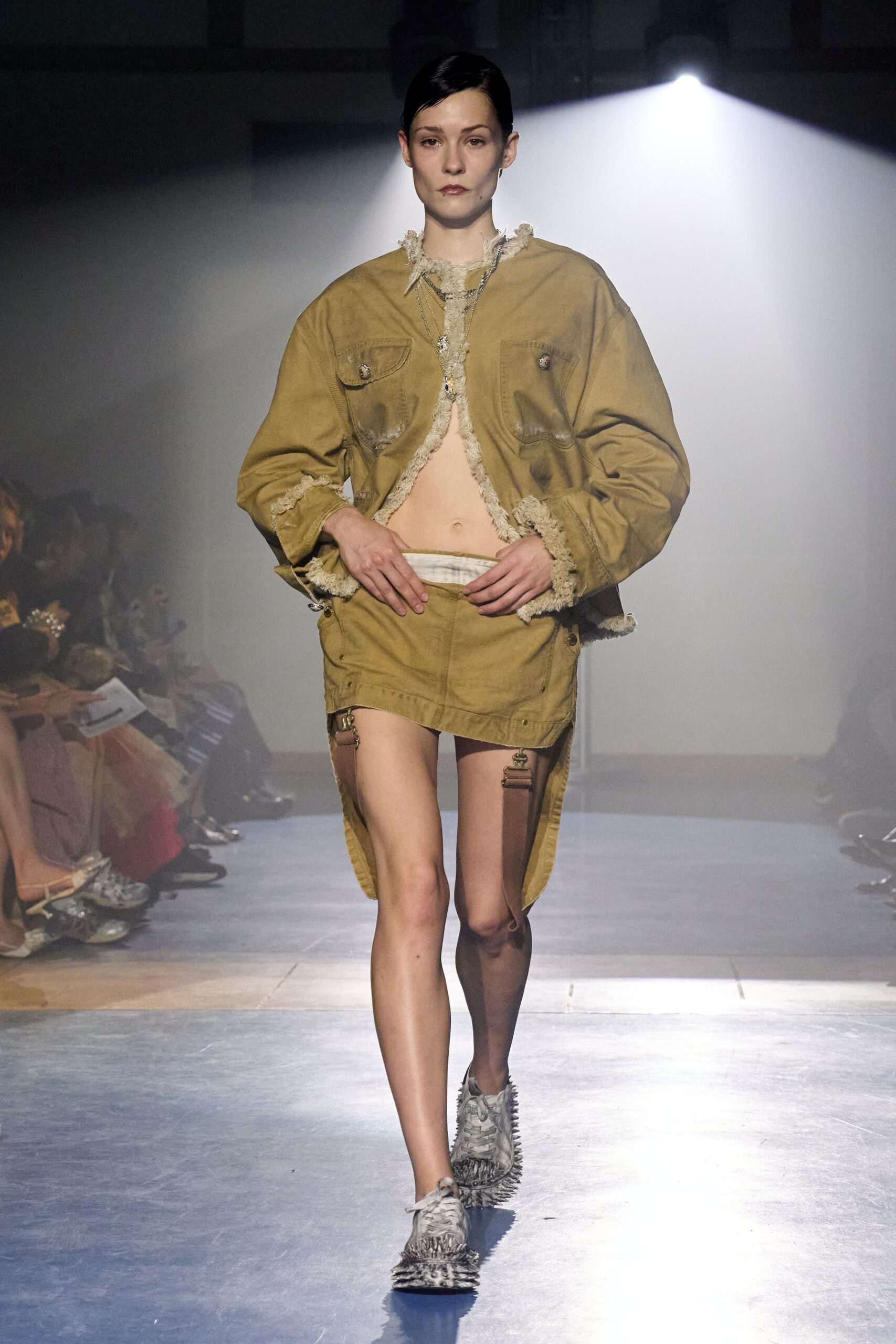beige denim jacket and mini skirt