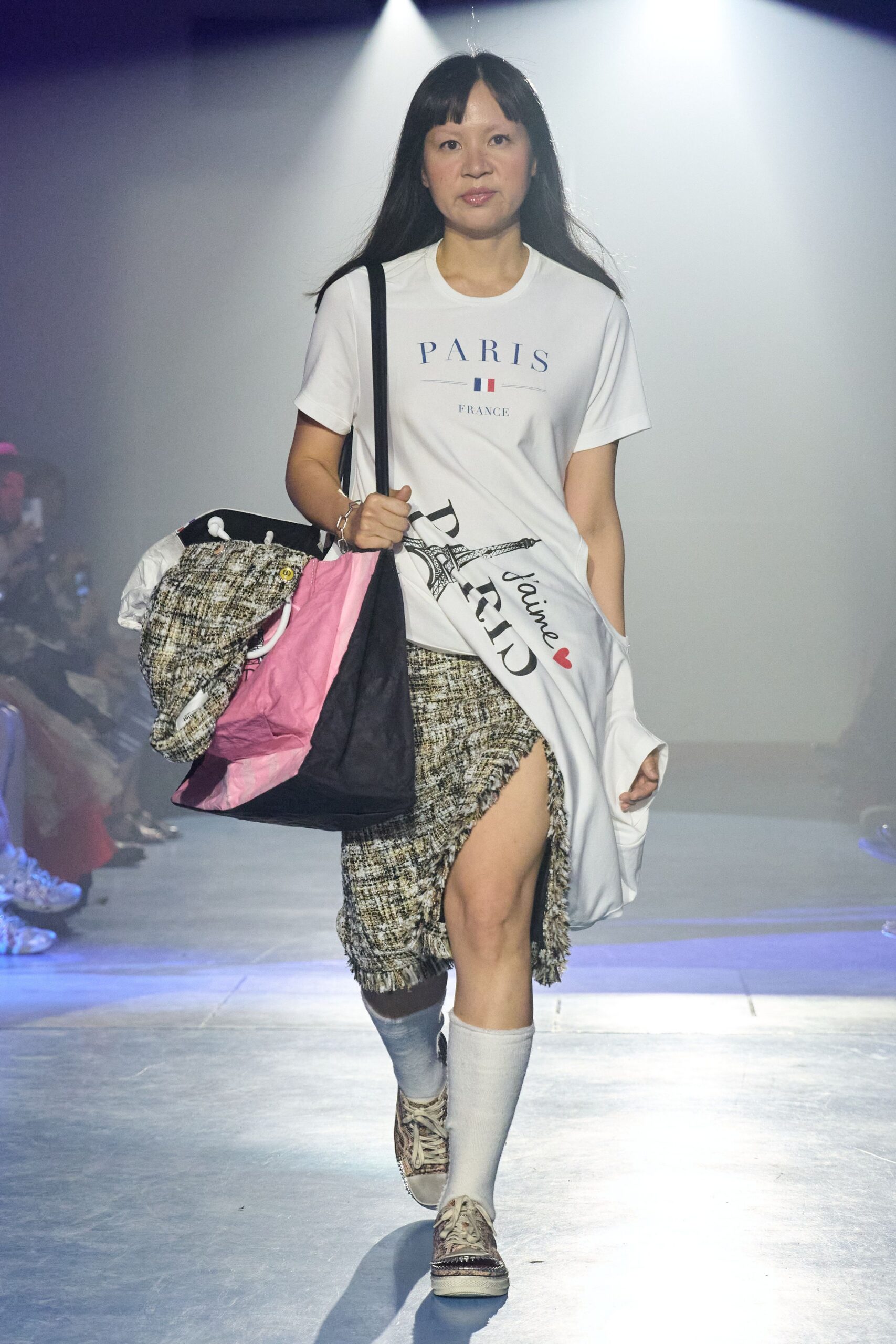 white t-shirt with pleated skirt