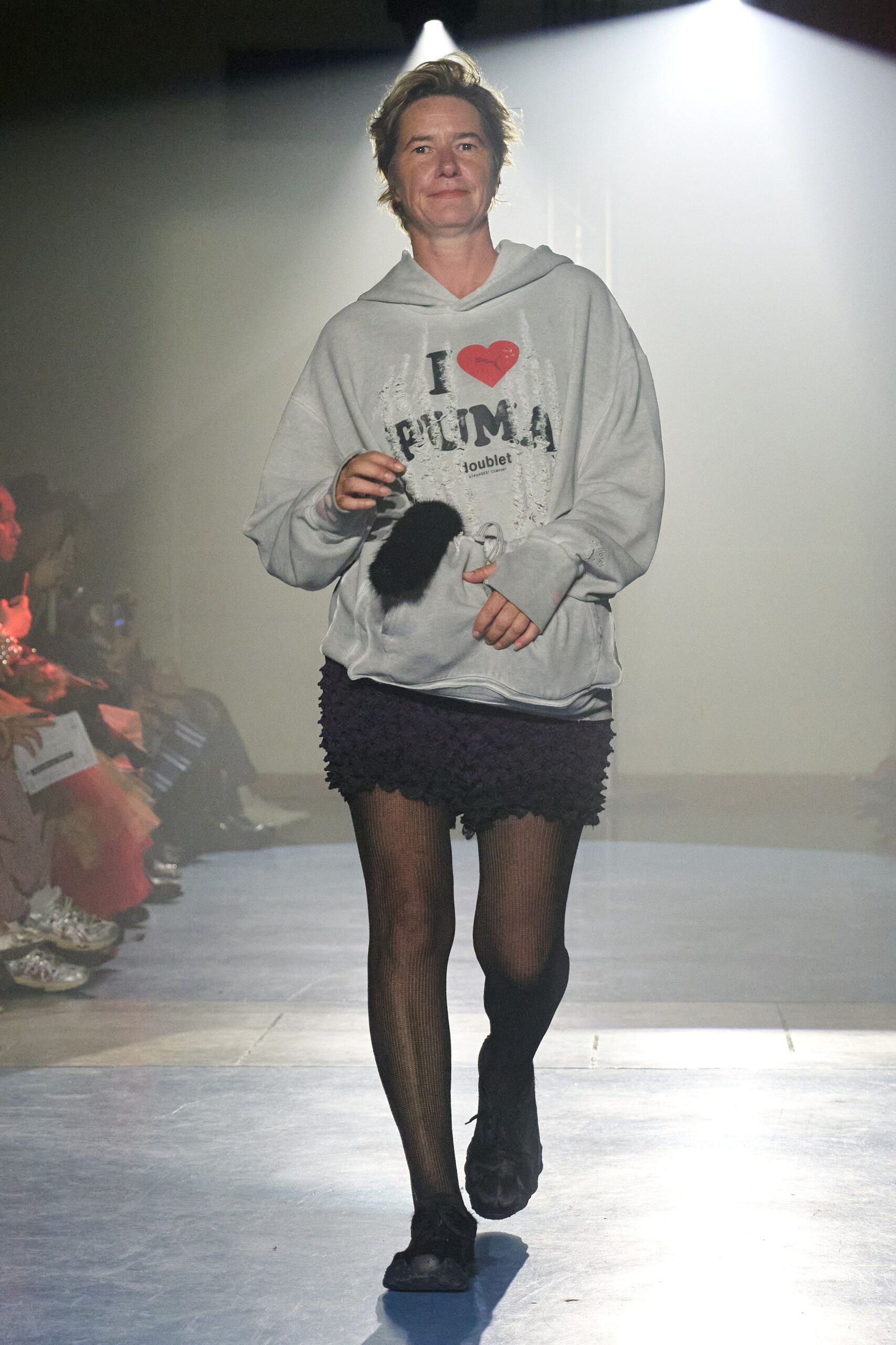 gray hoodie black ruffled skirt