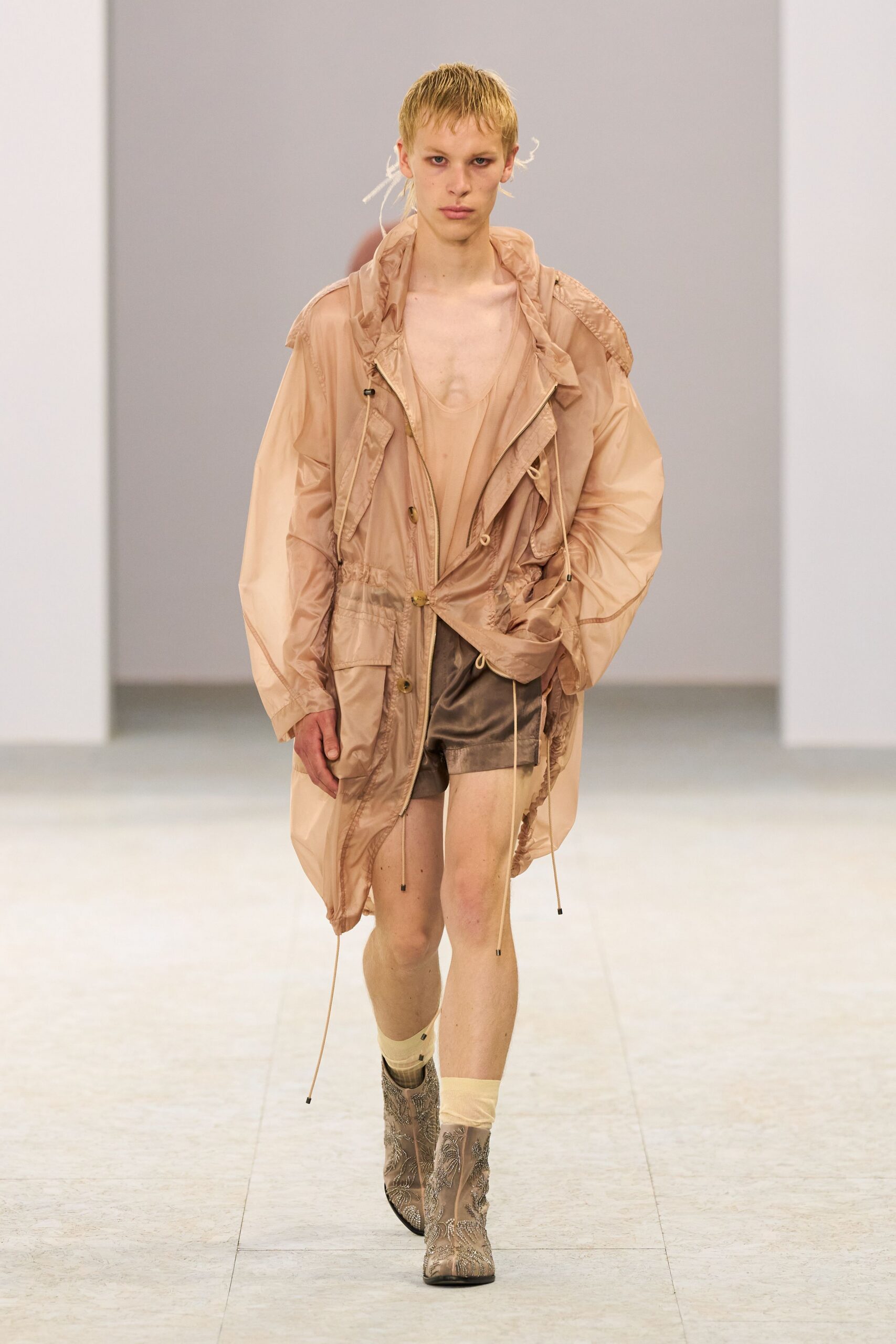 beige silk long-sleeve hooded relaxed layered flowing coat