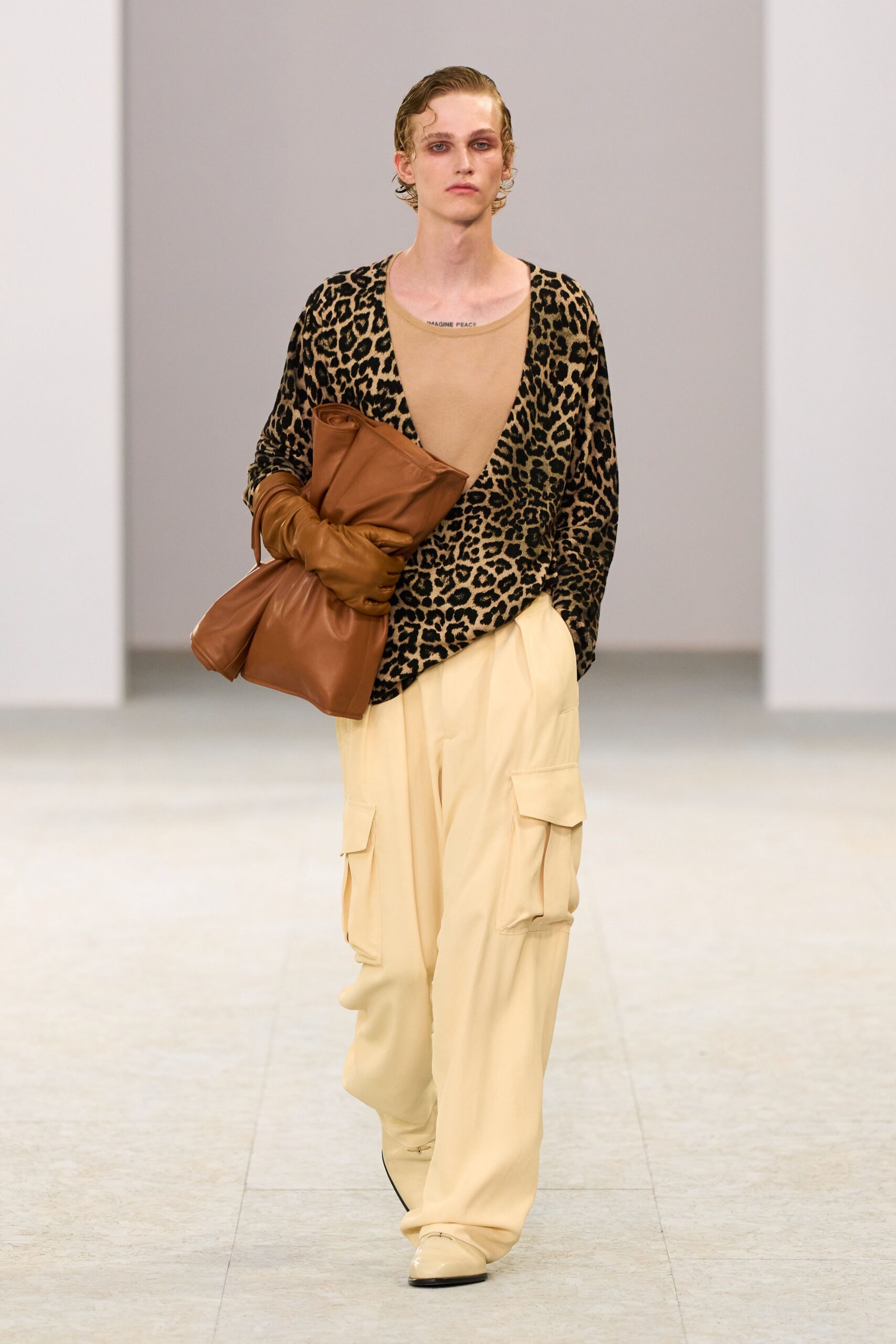 brown cotton long-sleeve v-neck relaxed animal-print top