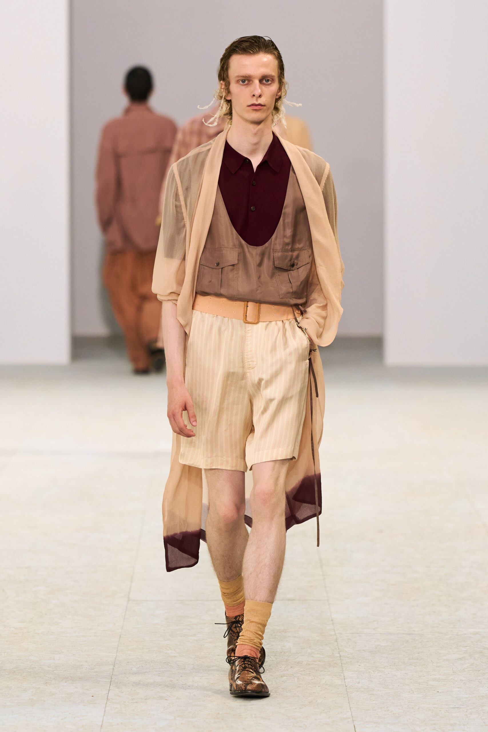beige chiffon long-sleeve relaxed layered flowing coat