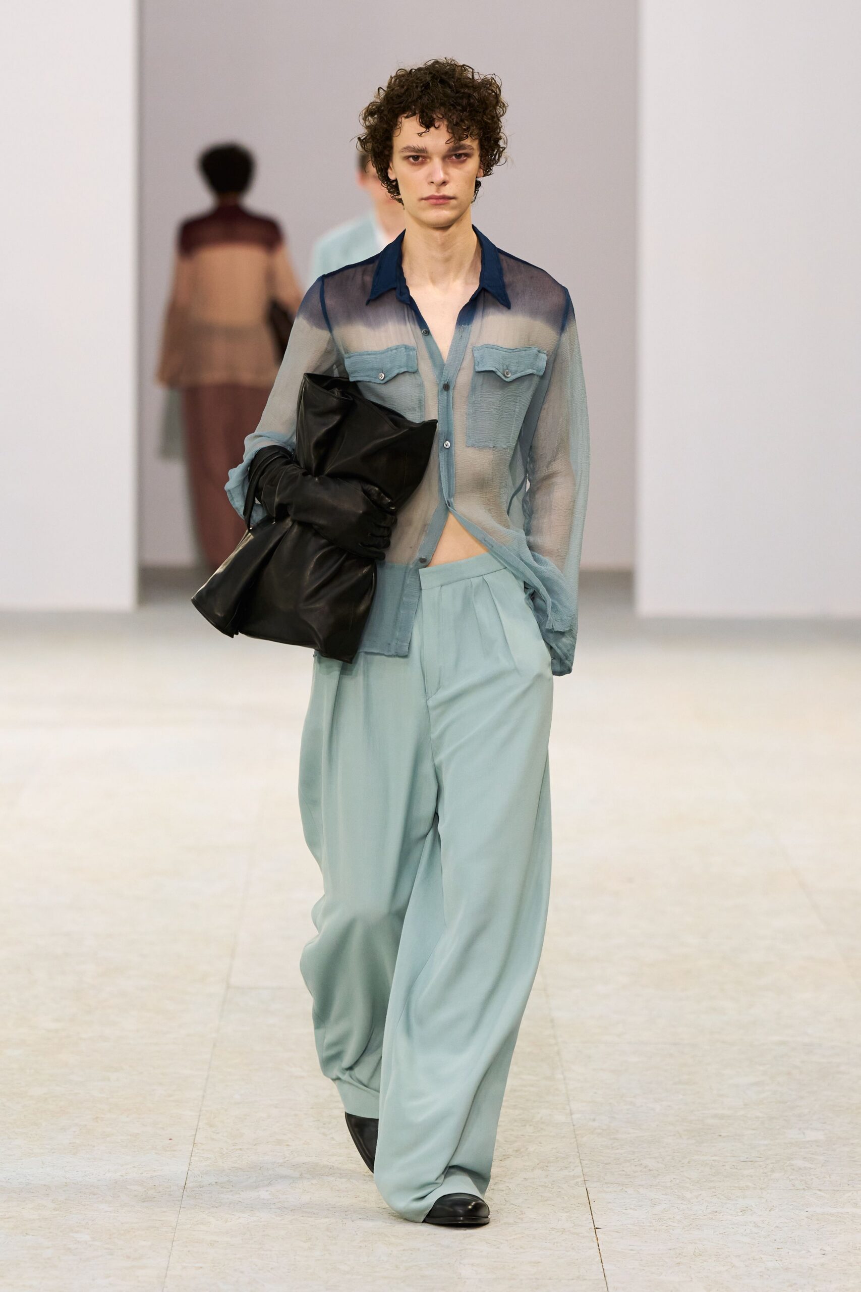 blue cotton long-sleeve collared relaxed sheer shirt