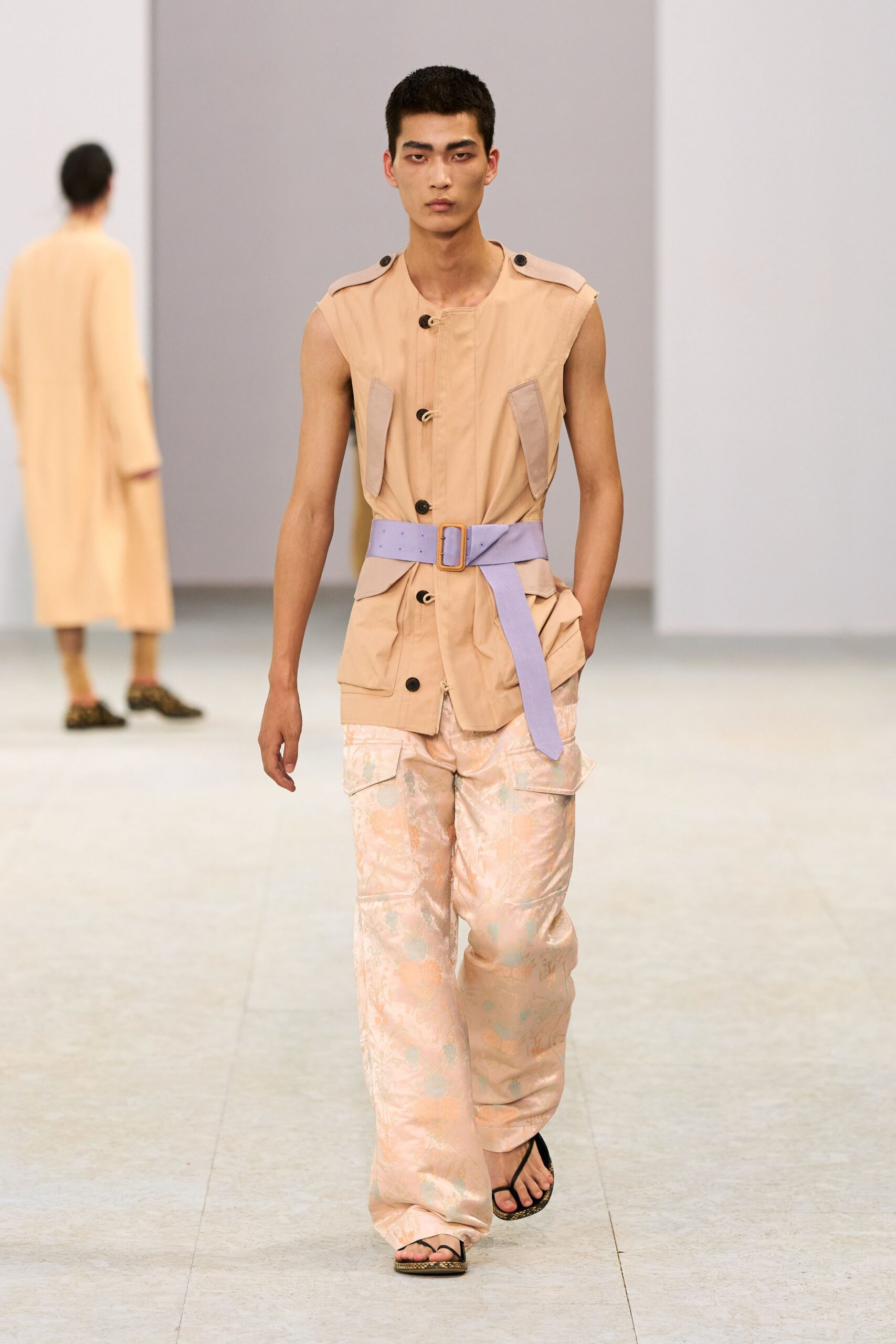 beige vest with pink cargo pants