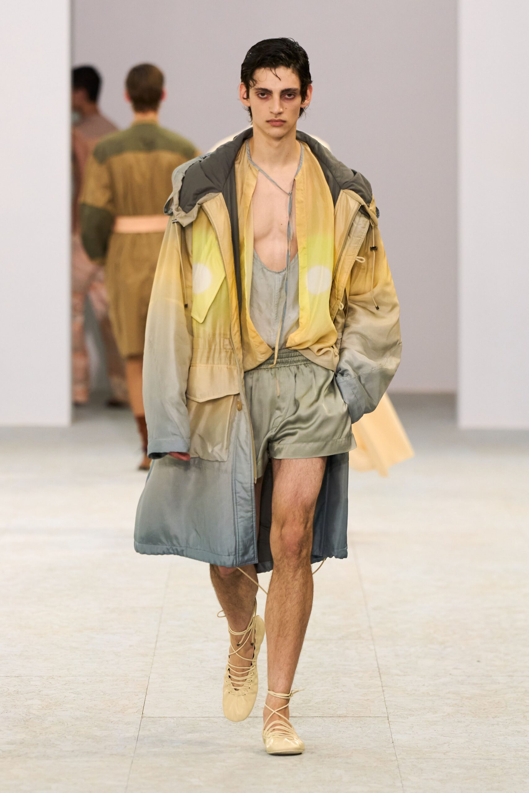 yellow silk long-sleeve hooded relaxed draped flowing coat