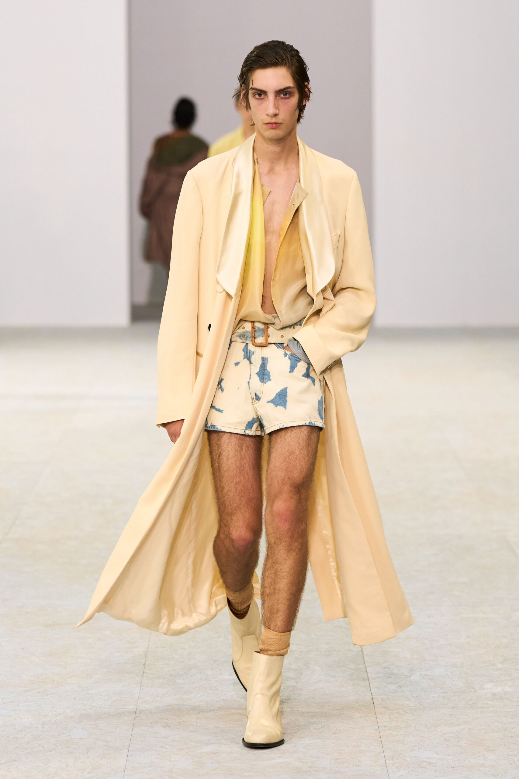 beige silk long-sleeve collared relaxed buttoned midi coat