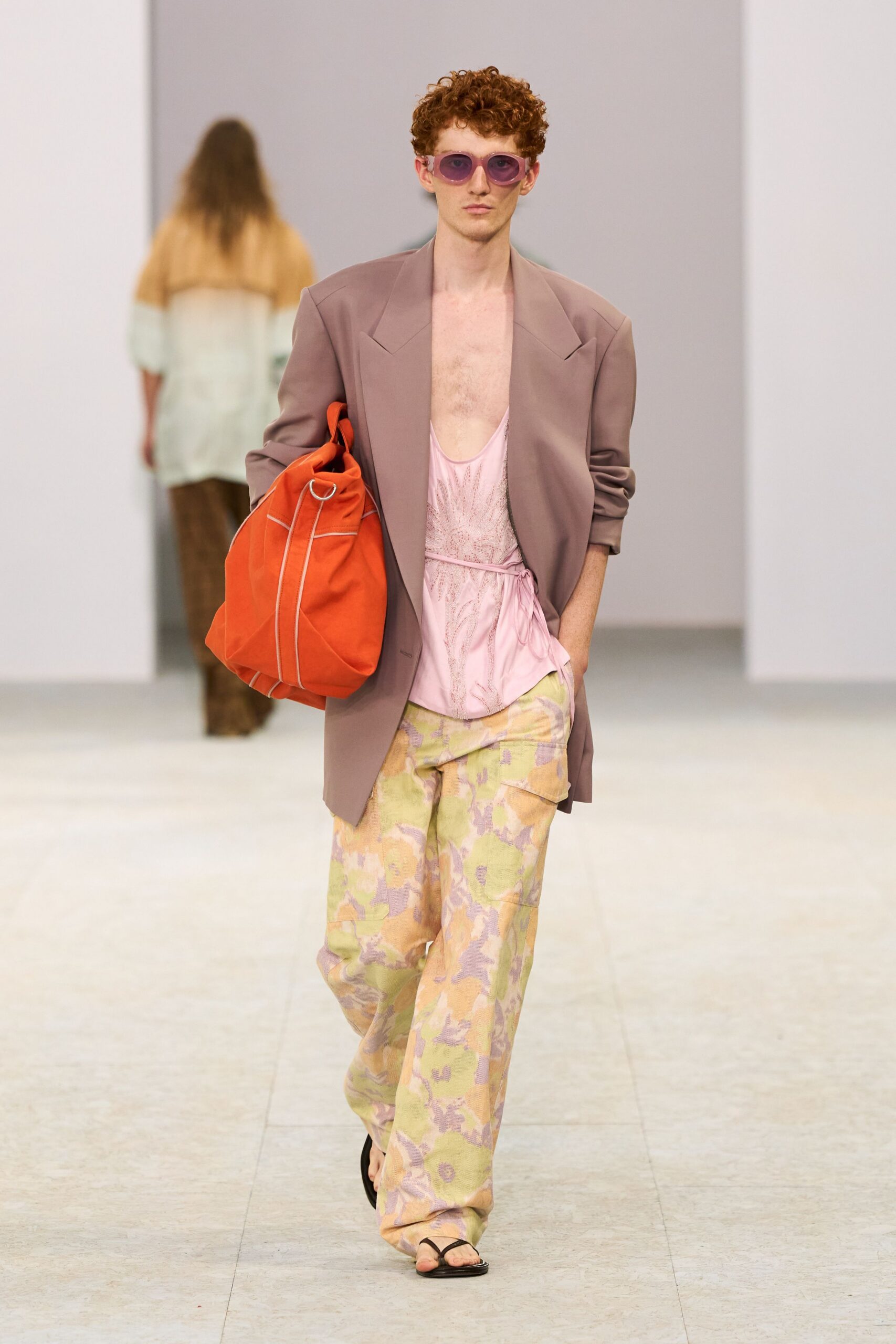 beige blazer pink top multi pants
