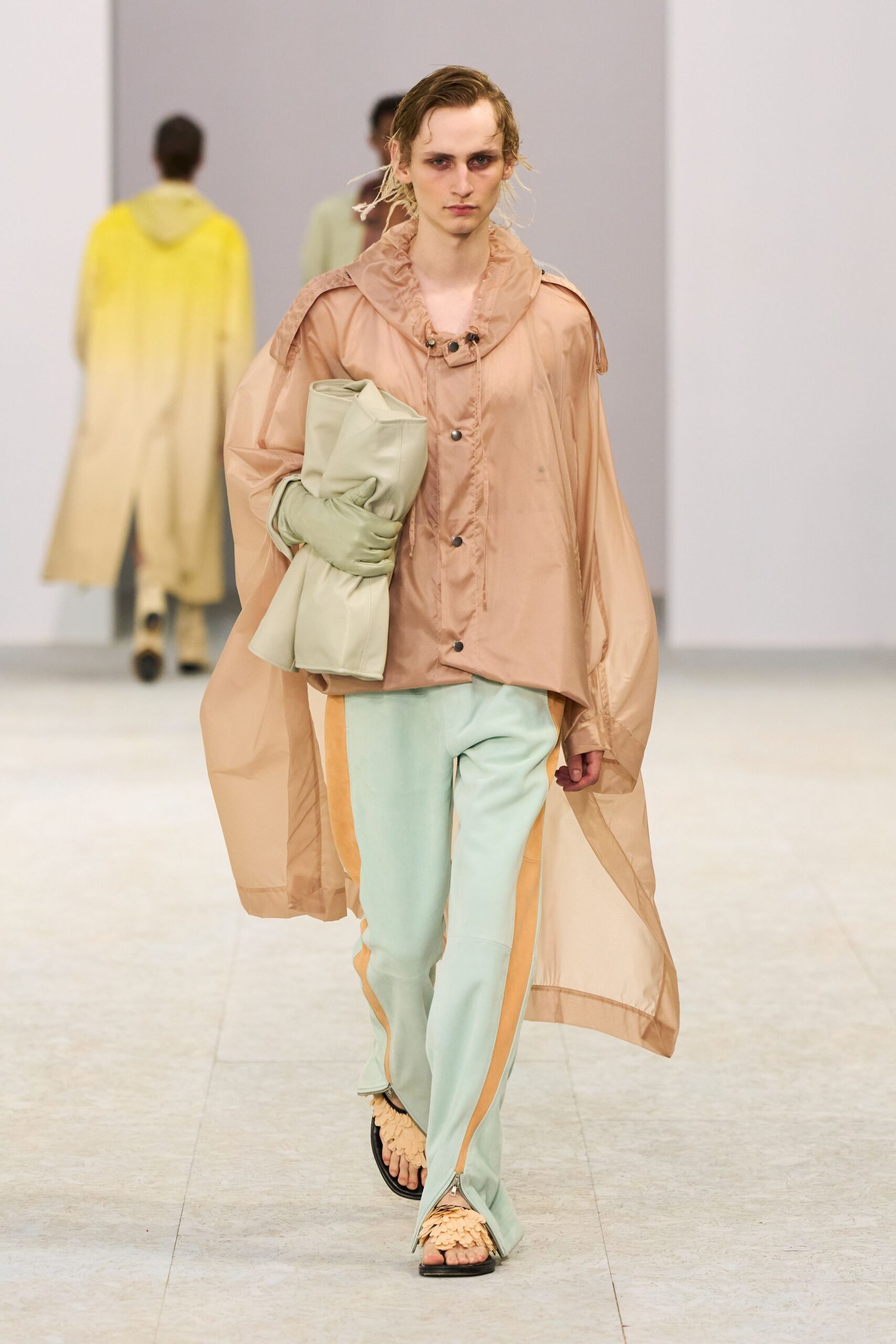 beige silk long-sleeve collared relaxed buttoned layered coat