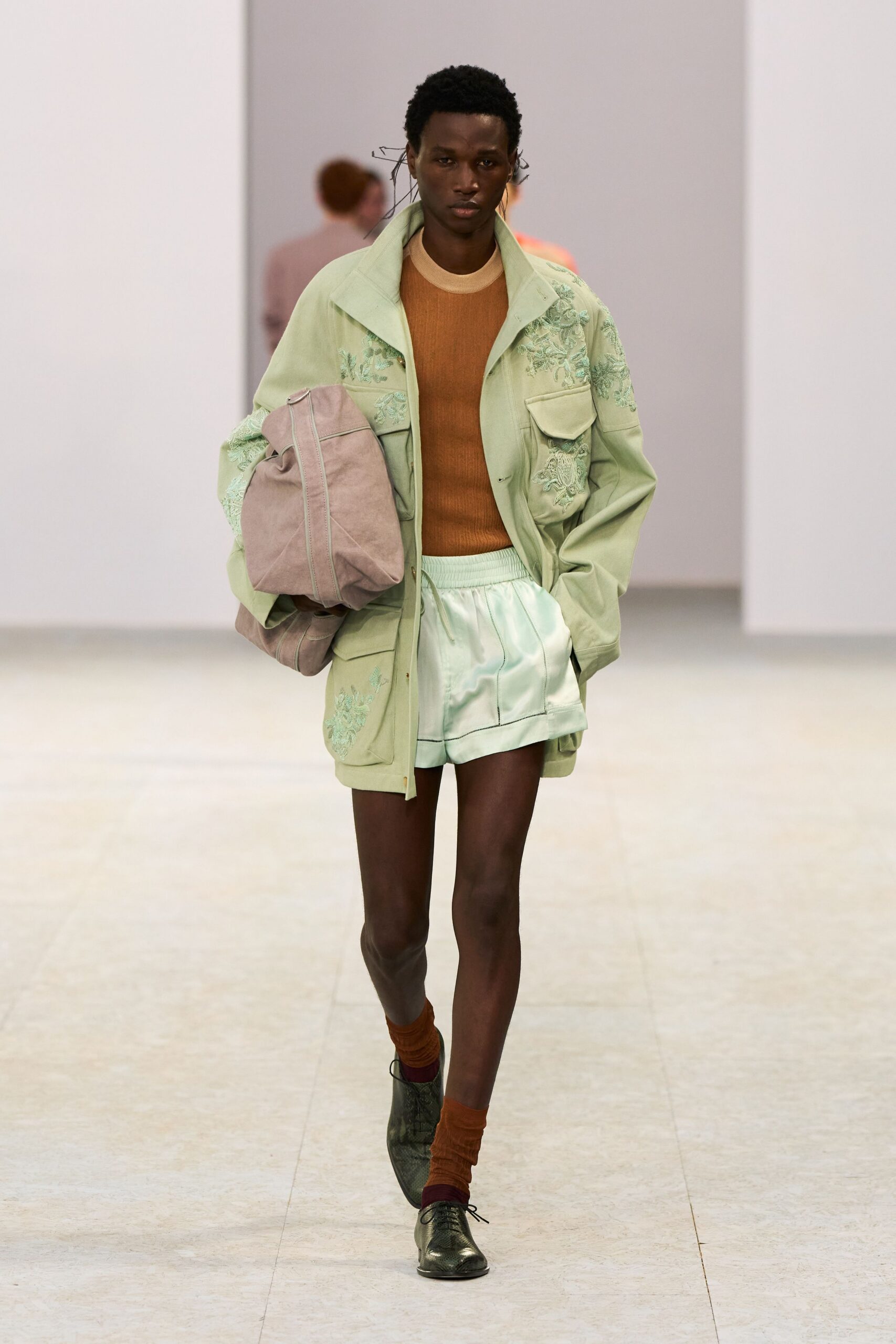 green cotton long-sleeve relaxed embroidered jacket