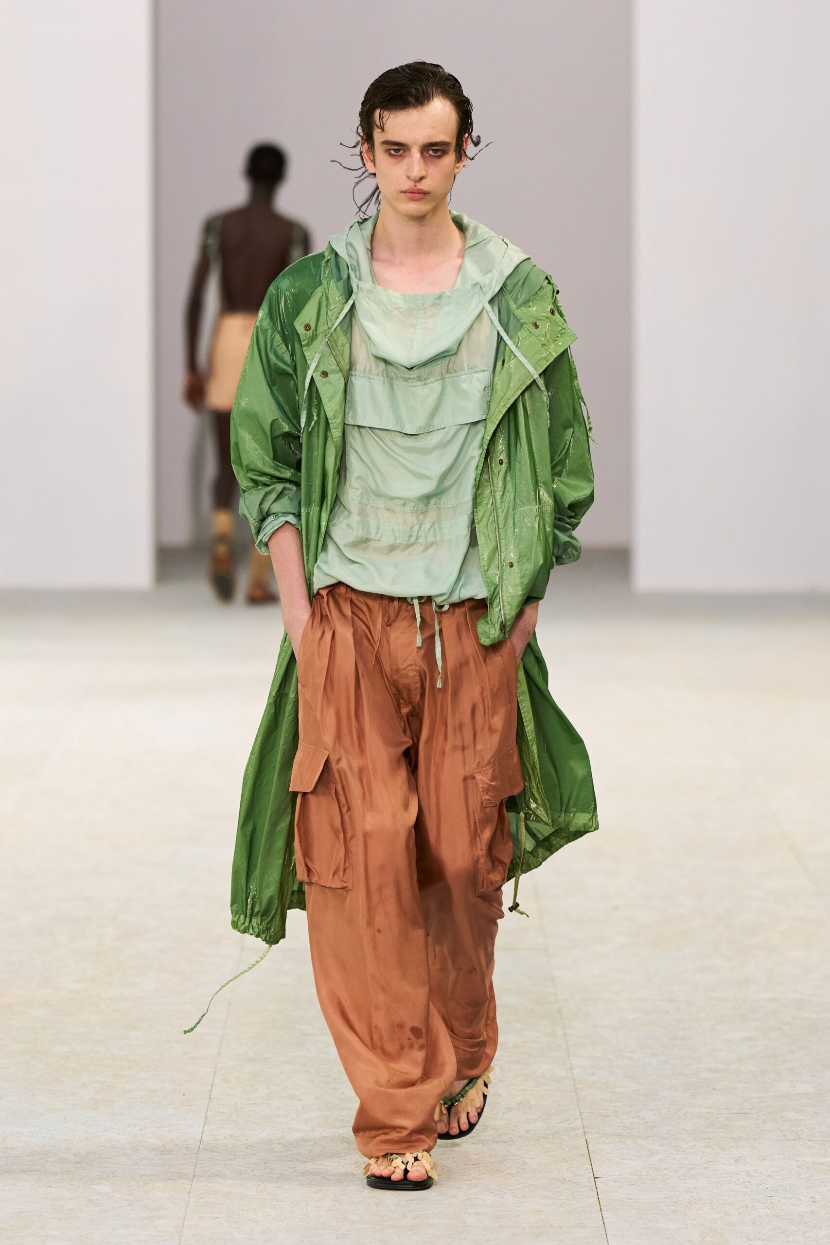 green vinyl long-sleeve hooded relaxed zippered shiny coat