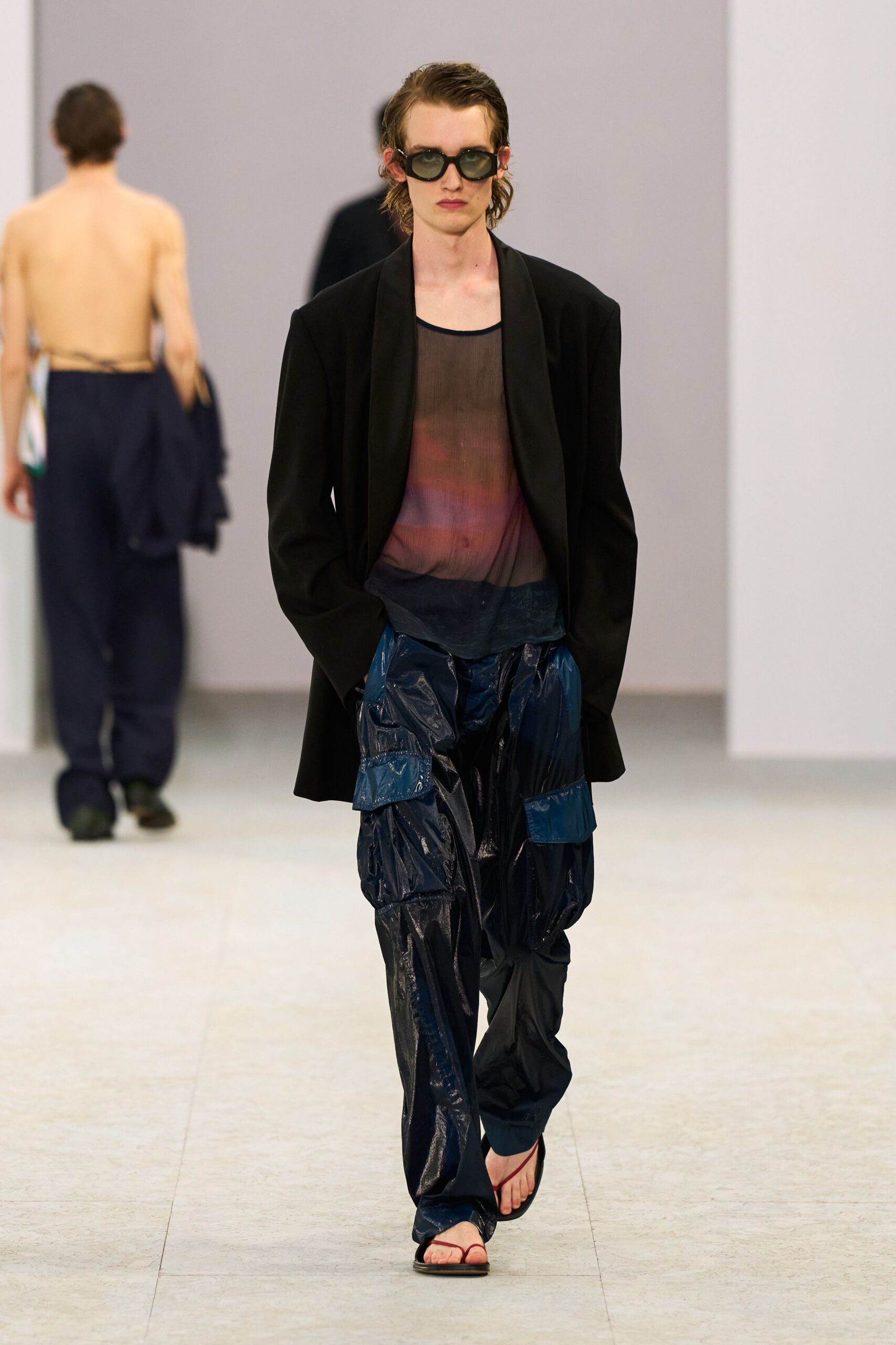 blue vinyl relaxed cargo pants