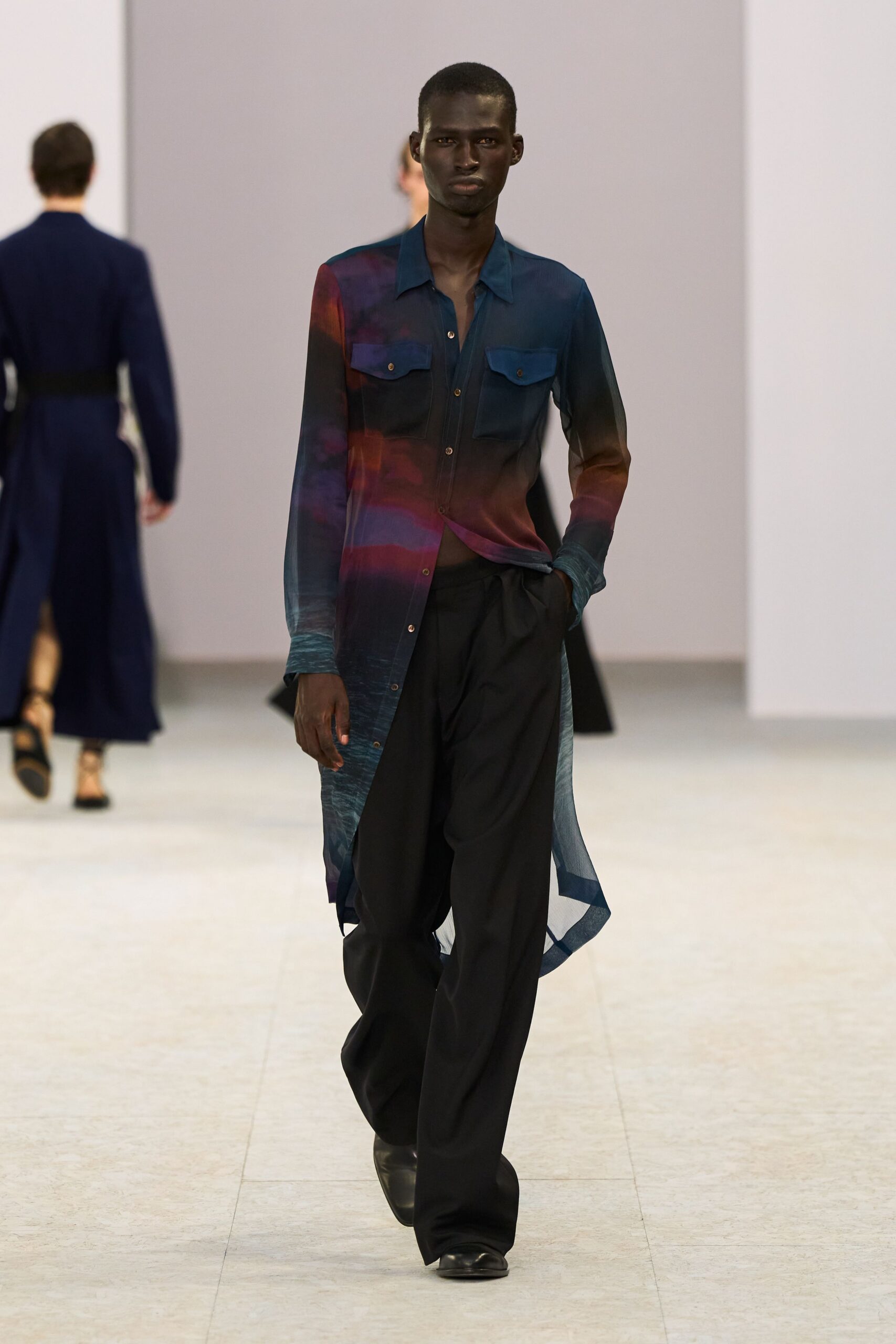 blue silk long-sleeve collared relaxed layered sheer shirt