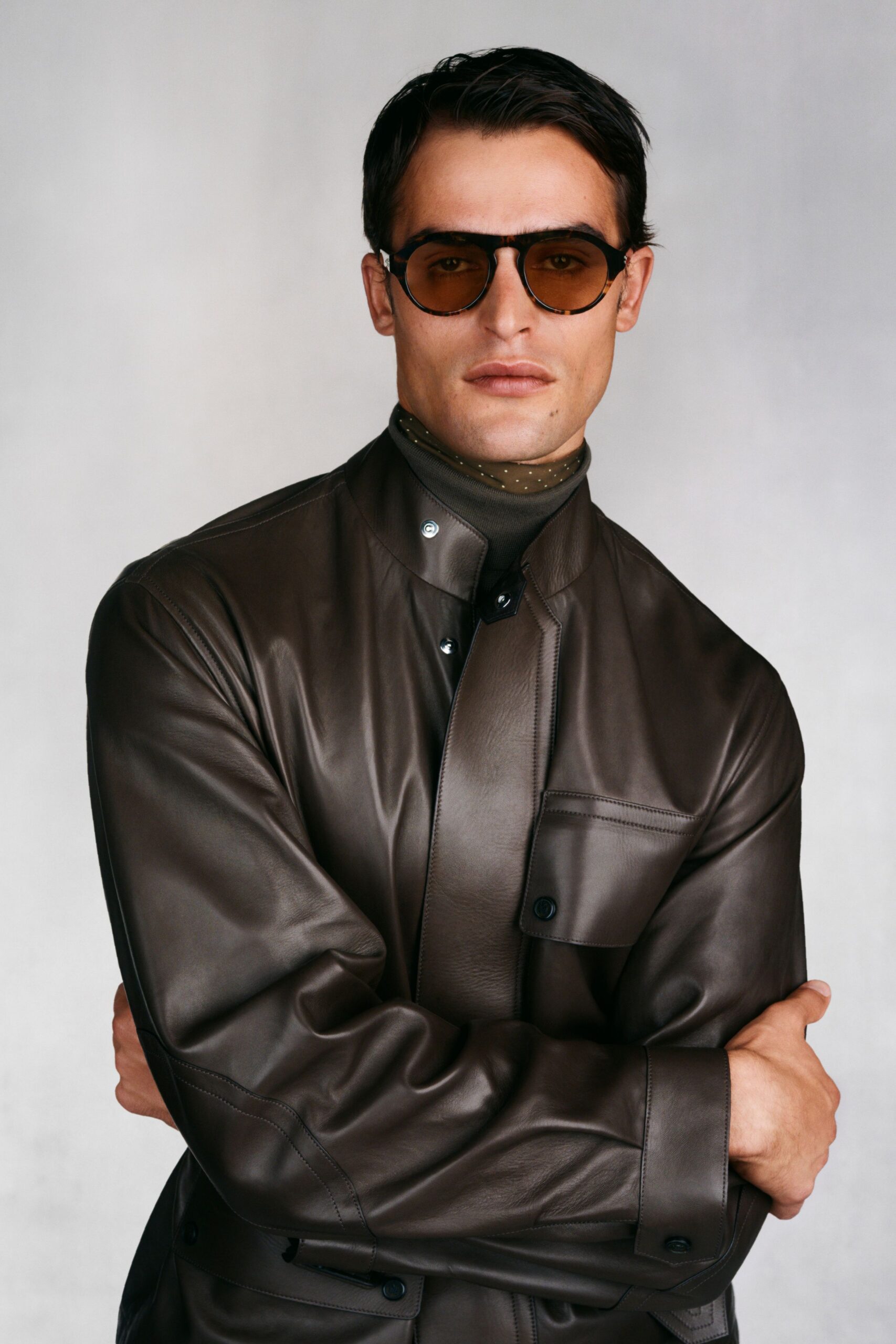 brown leather long-sleeve collared fitted buttoned jacket