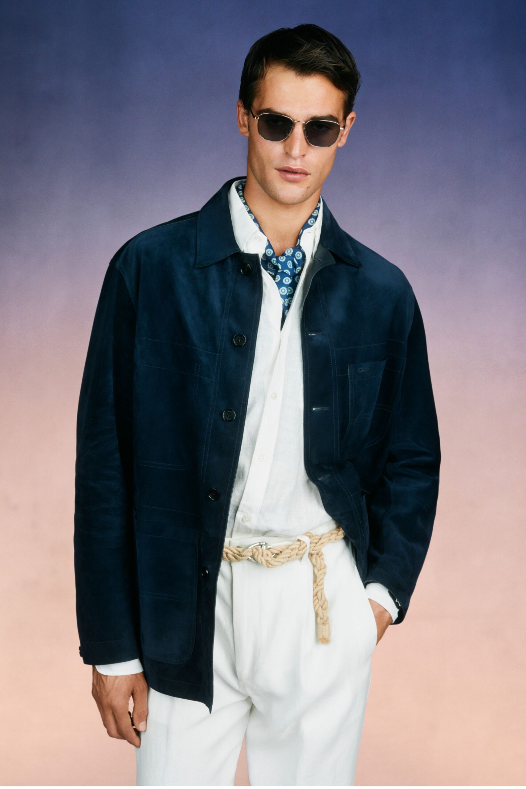 blue suede long-sleeve collared structured jacket